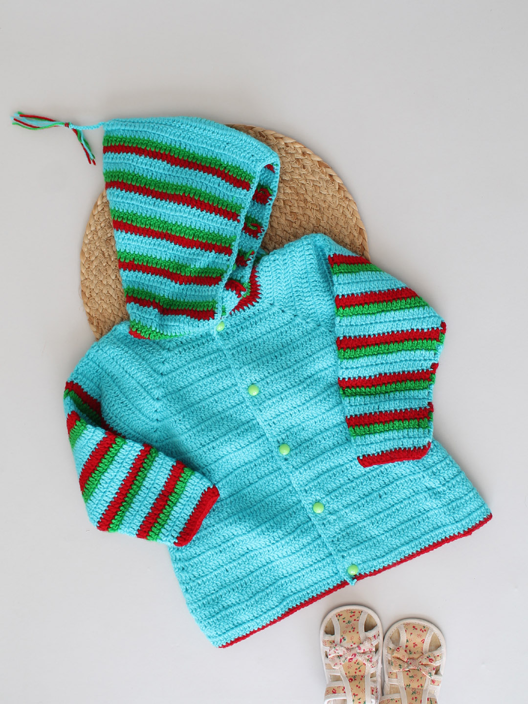 Woonie Full Sleeves Striped Handmade Hooded Sweater - Blue