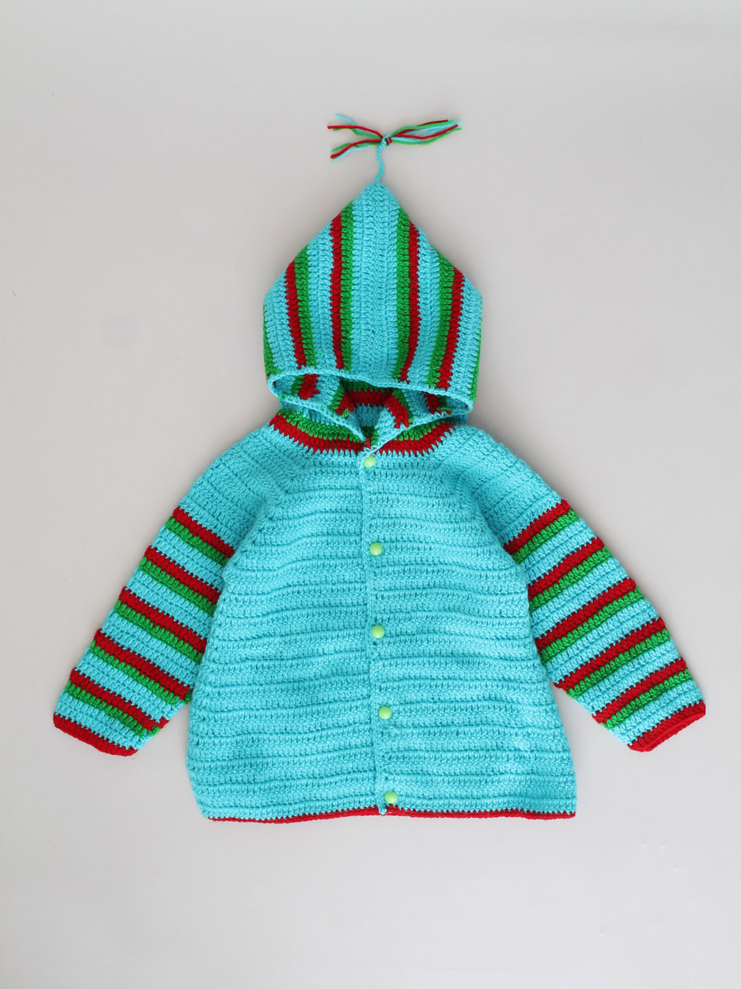 Woonie Full Sleeves Striped Handmade Hooded Sweater - Blue