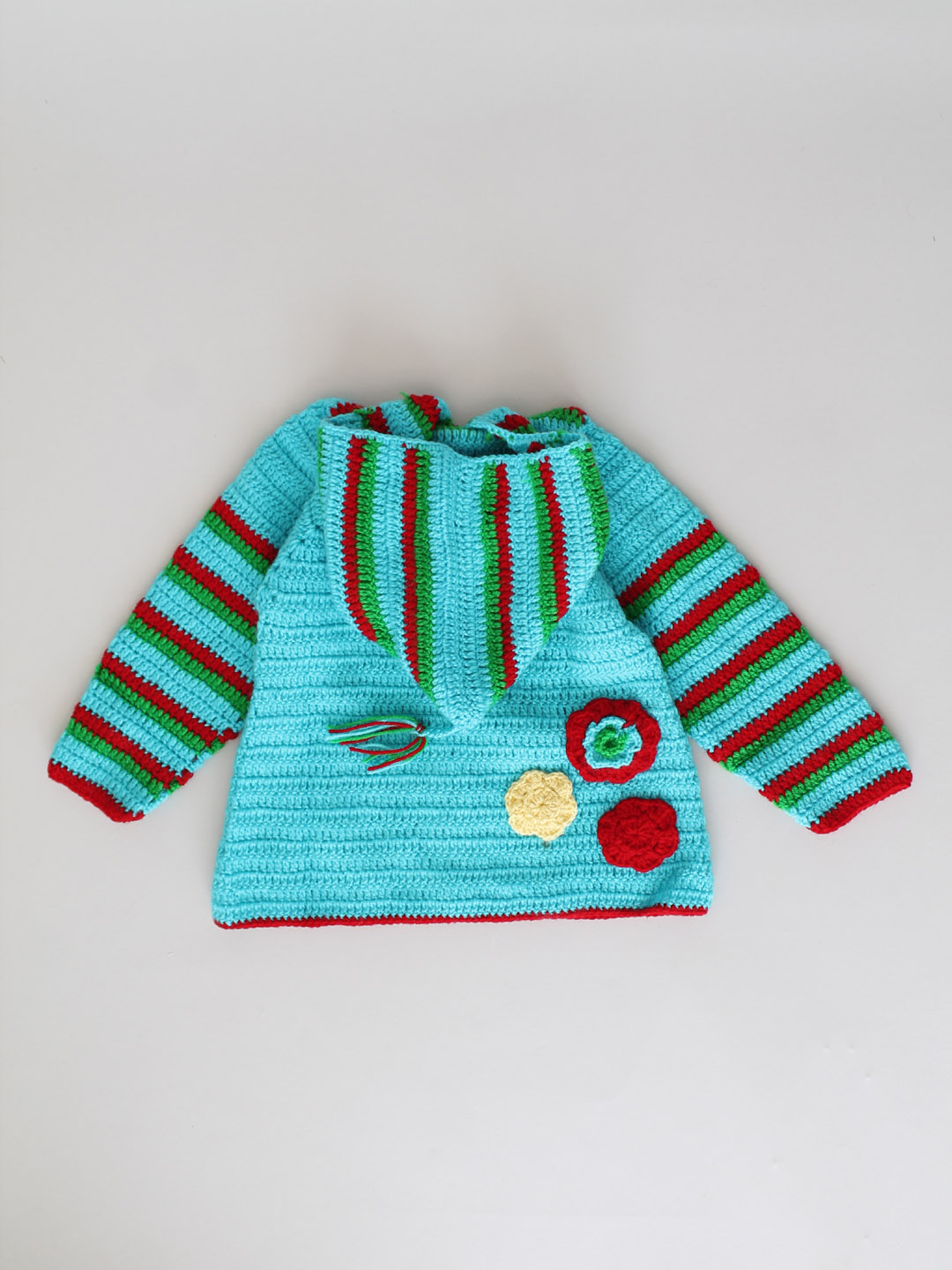 Woonie Full Sleeves Striped Handmade Hooded Sweater - Blue