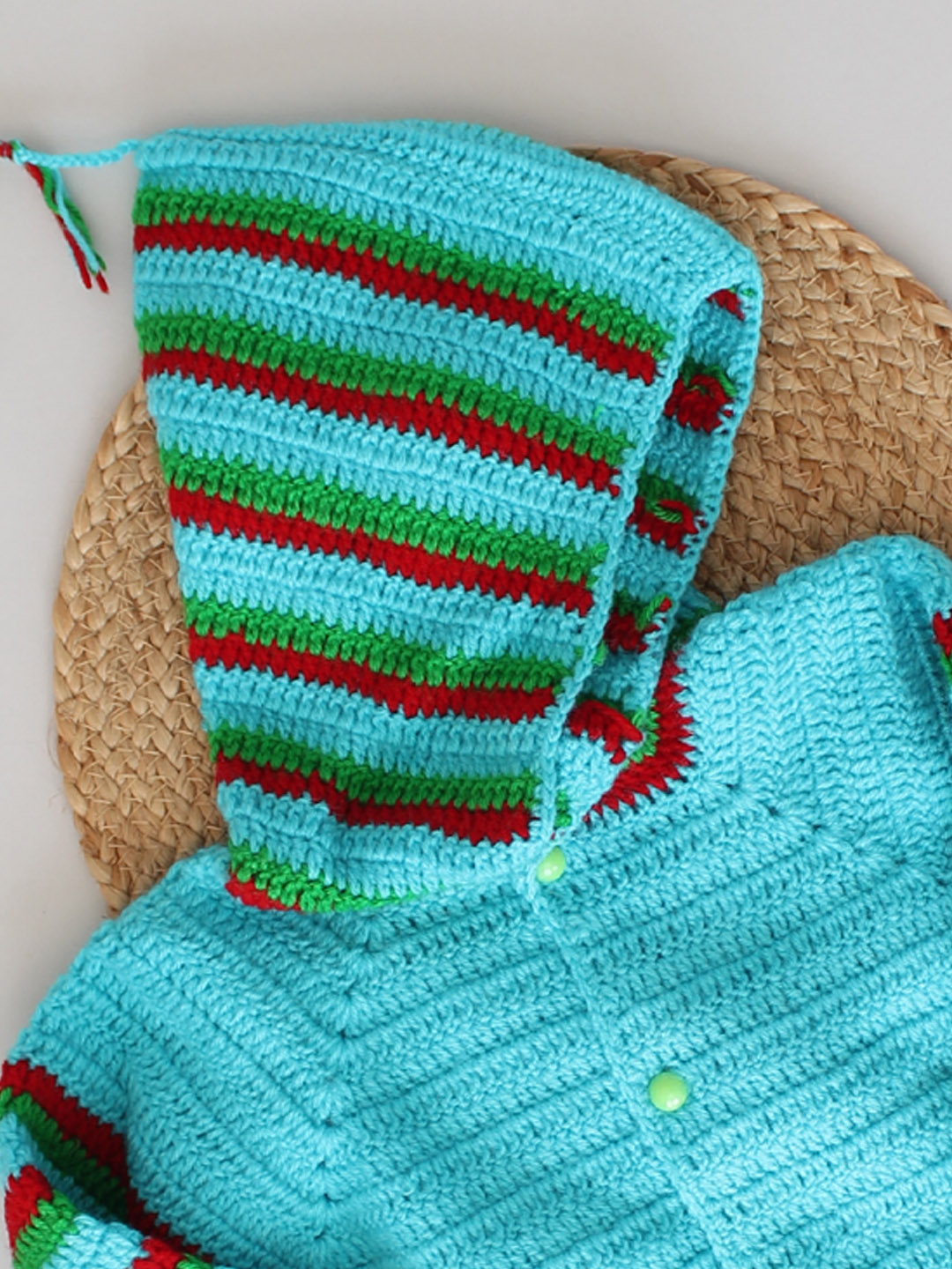 Woonie Full Sleeves Striped Handmade Hooded Sweater - Blue