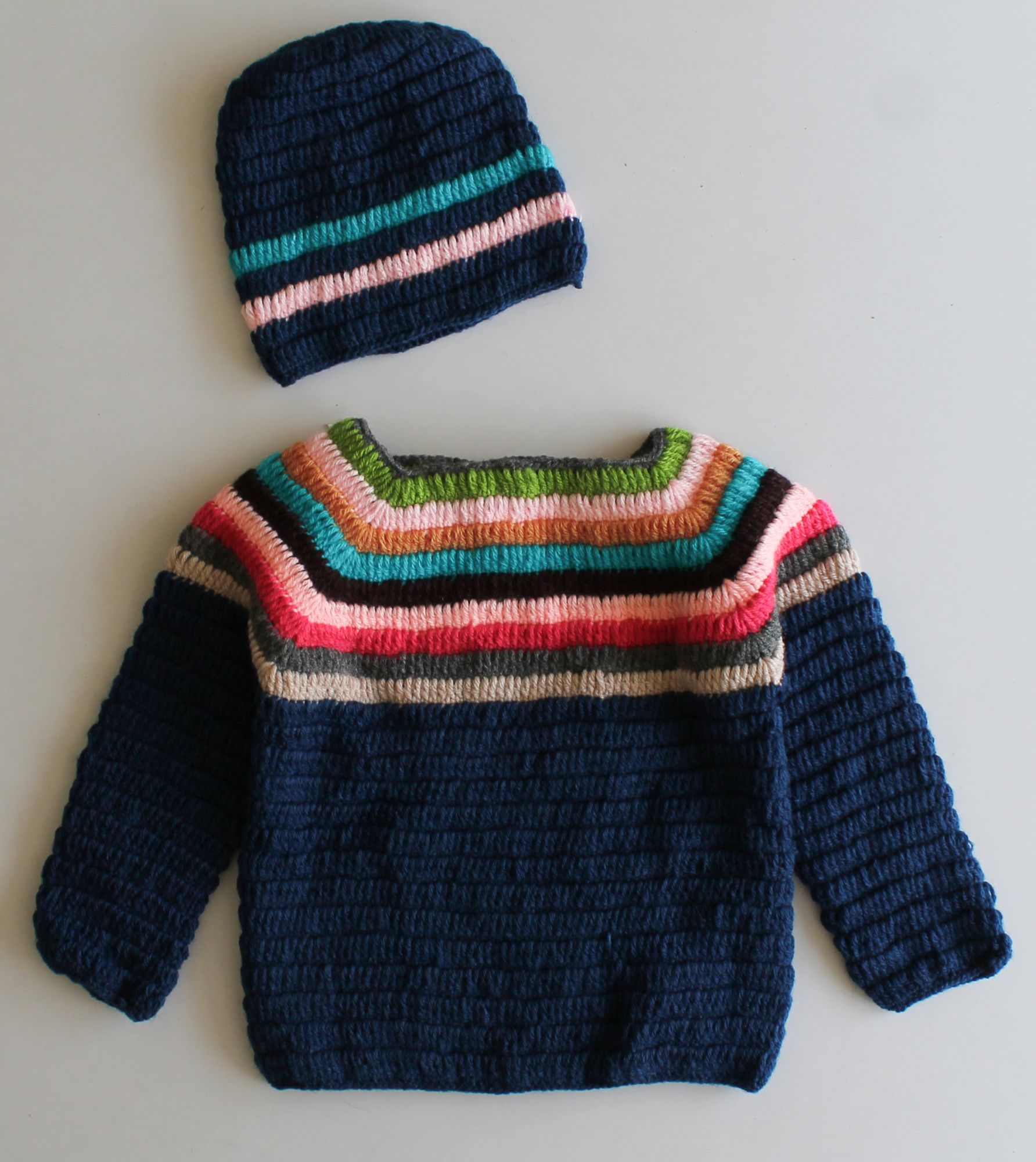 Woonie Full Sleeves Striped Handmade Sweater With Cap - Multi Colour