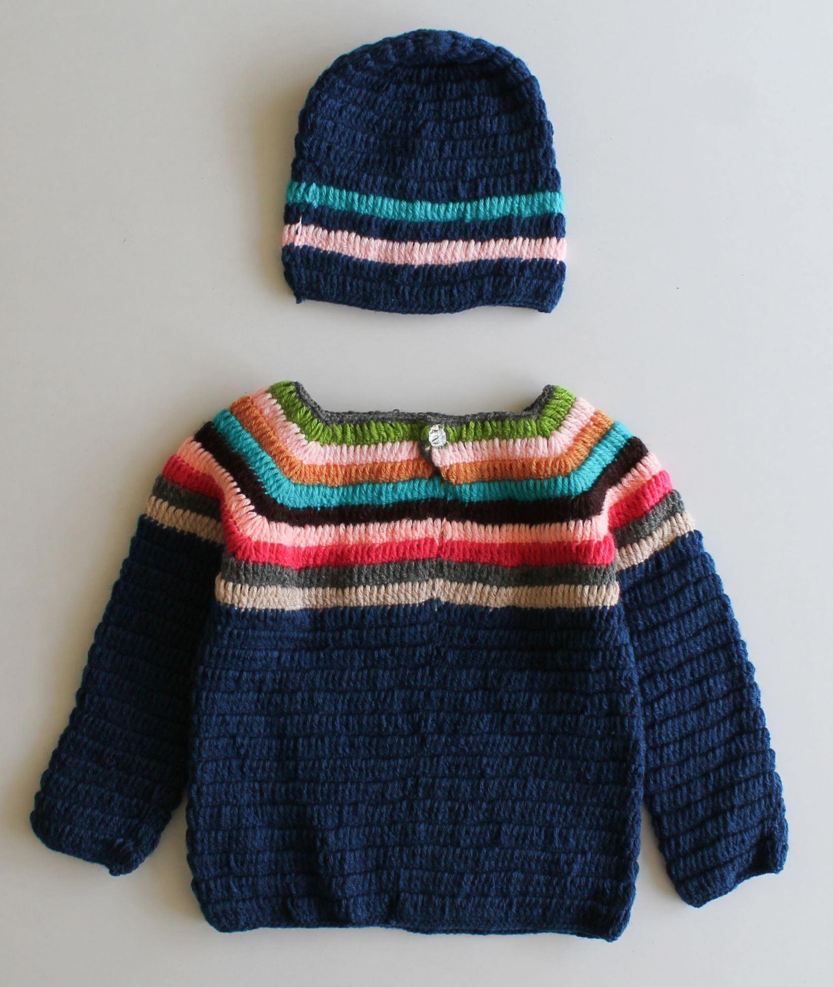 Woonie Full Sleeves Striped Handmade Sweater With Cap - Multi Colour
