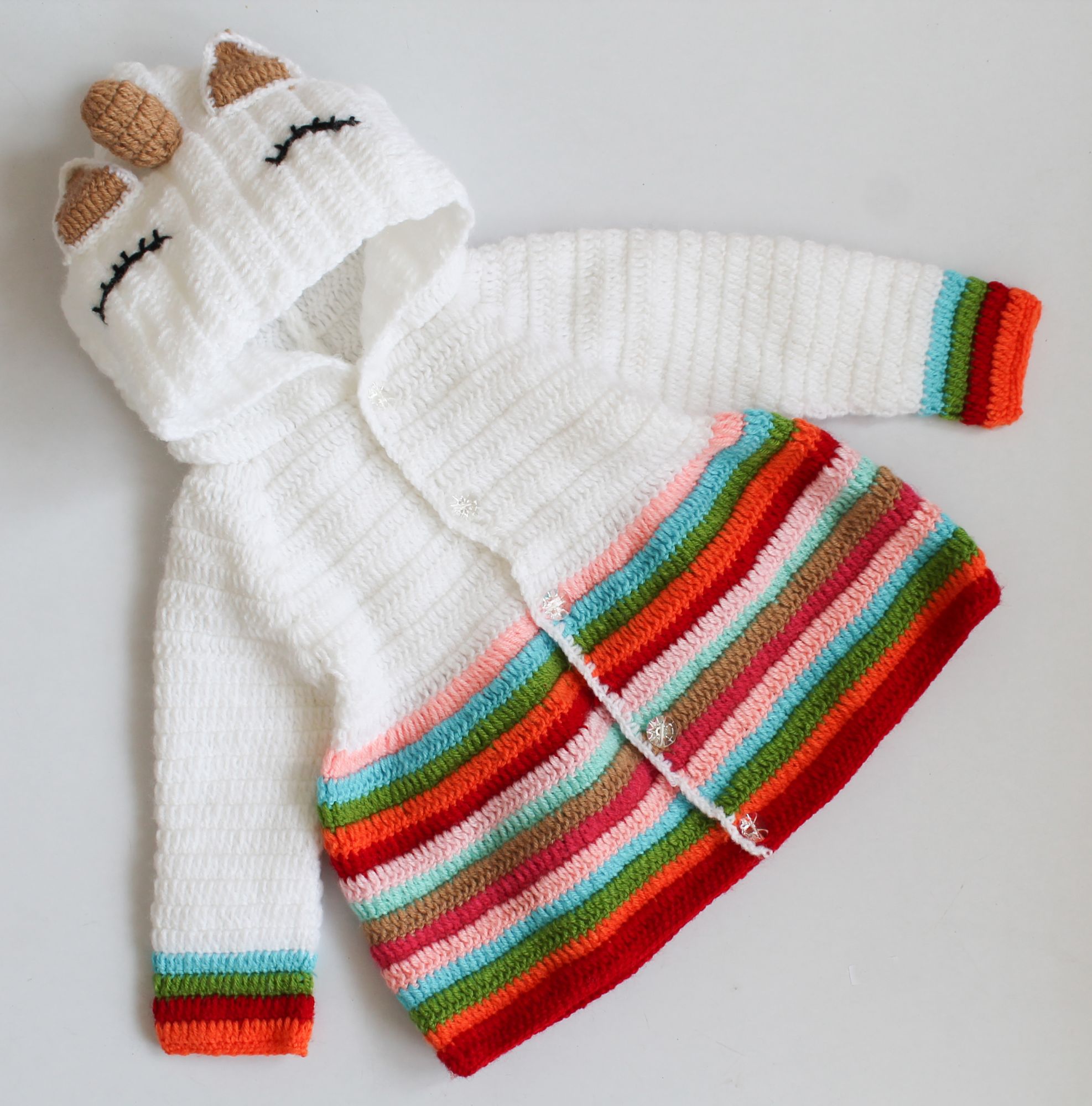 Woonie Full Sleeves Unicorn Design Handmade Hooded Sweater - White