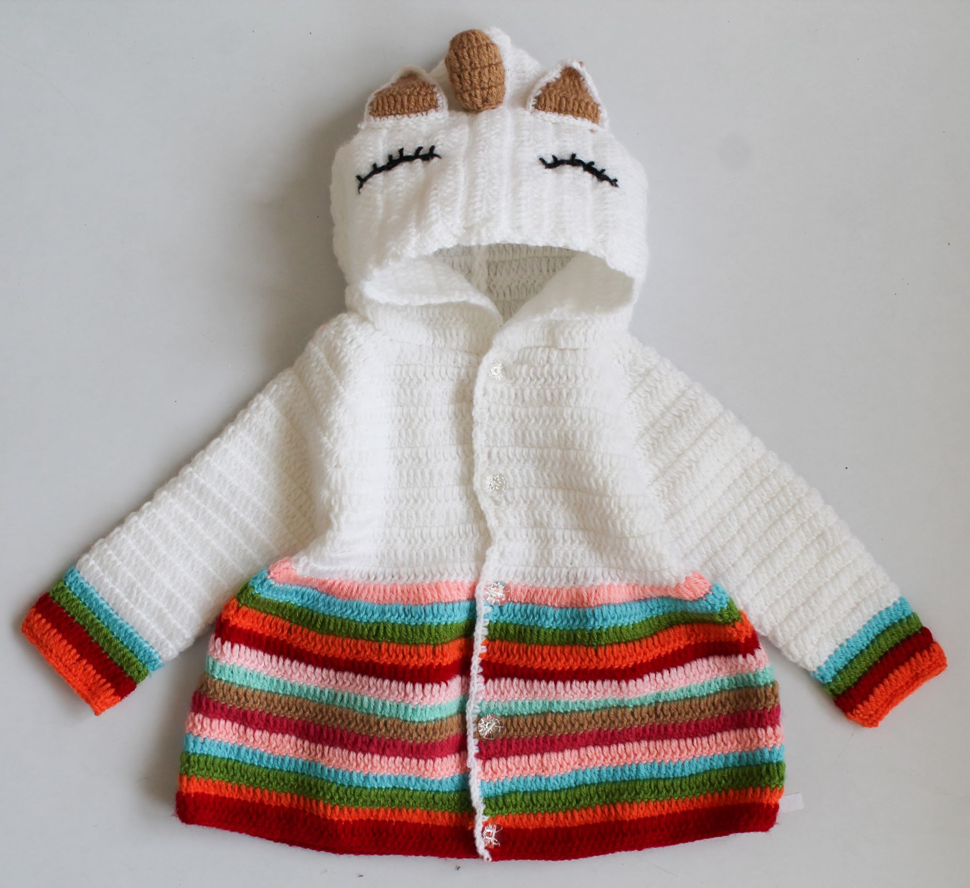 Woonie Full Sleeves Unicorn Design Handmade Hooded Sweater - White