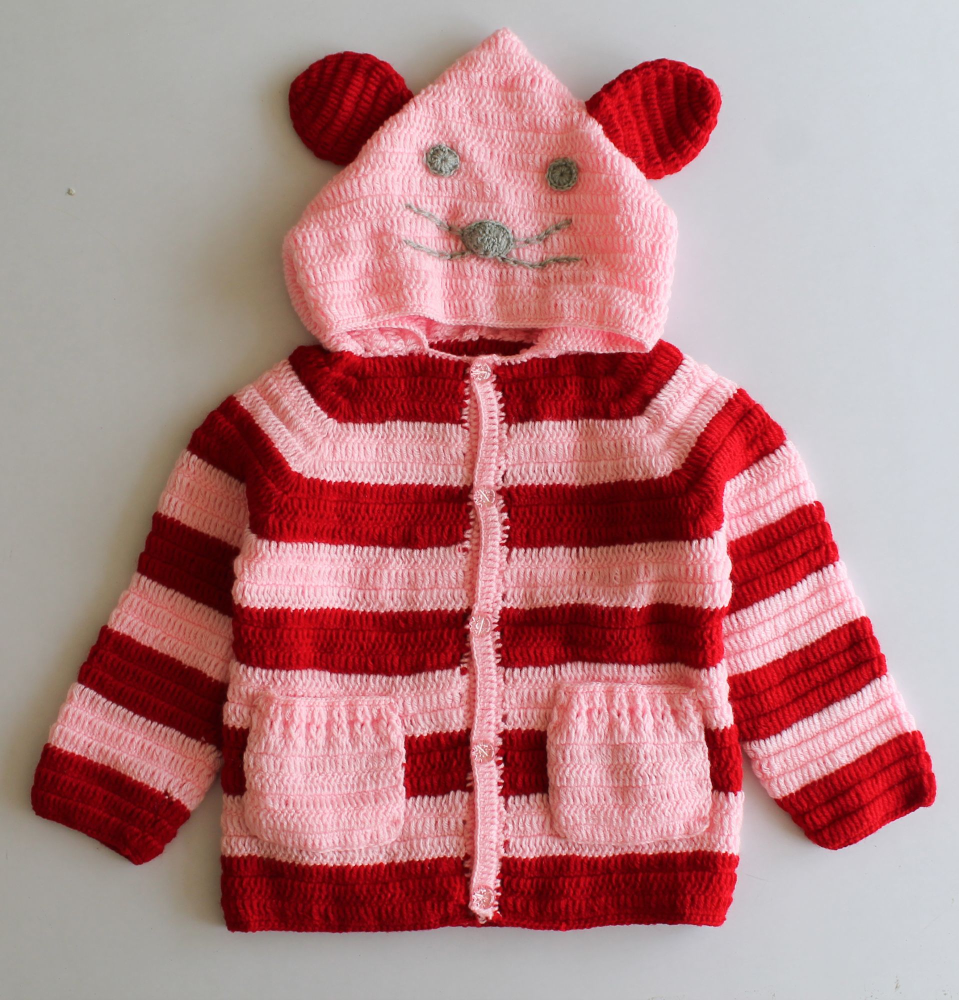 Woonie Full Sleeves Striped Handmade Hooded Sweater - Pink & Red