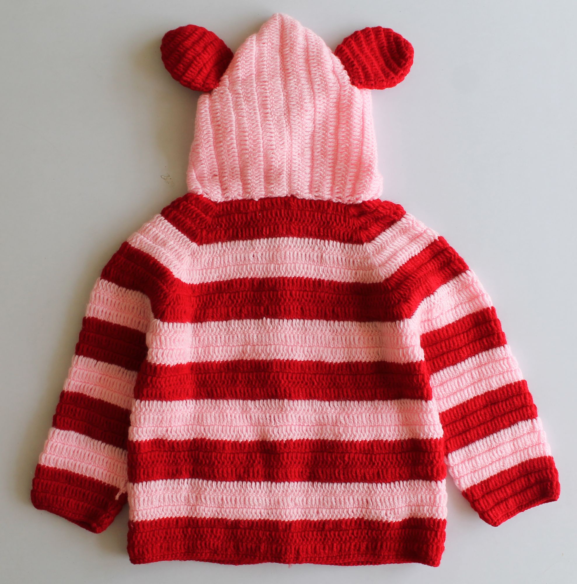 Woonie Full Sleeves Striped Handmade Hooded Sweater - Pink & Red