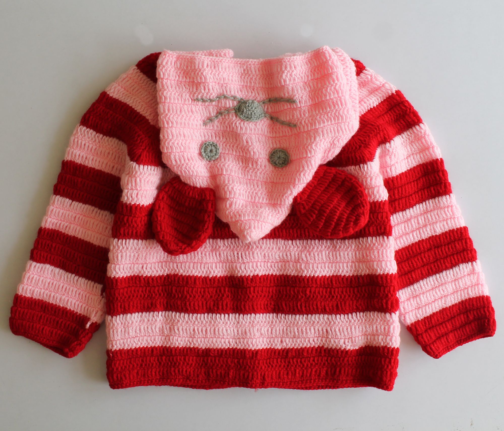 Woonie Full Sleeves Striped Handmade Hooded Sweater - Pink & Red