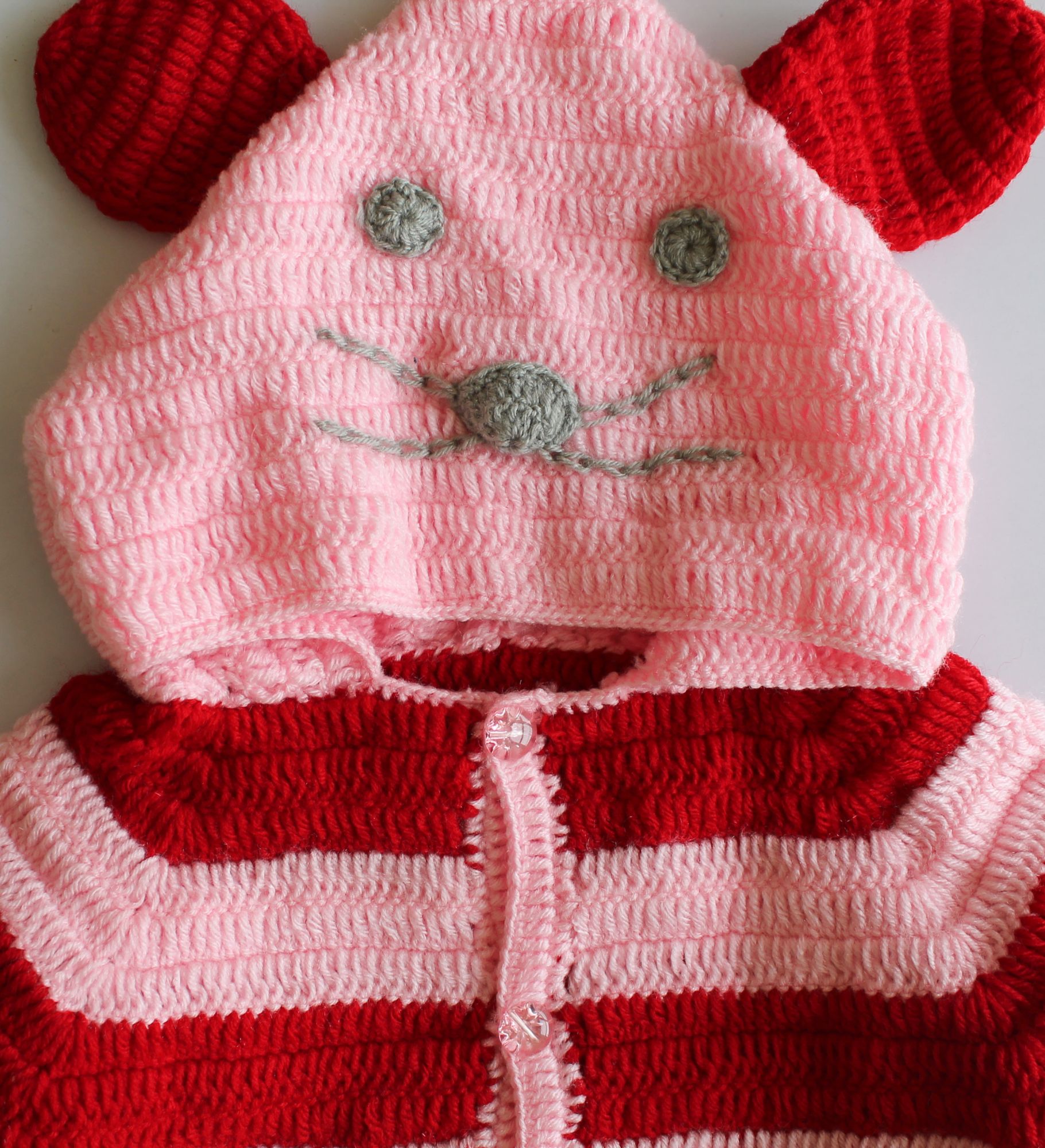 Woonie Full Sleeves Striped Handmade Hooded Sweater - Pink & Red
