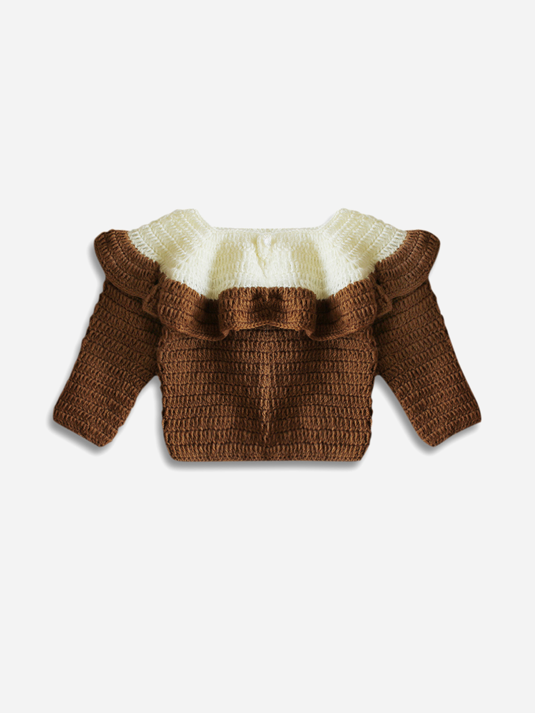 Woonie Full Sleeves Solid Ruffled Handmade Sweater - Brown