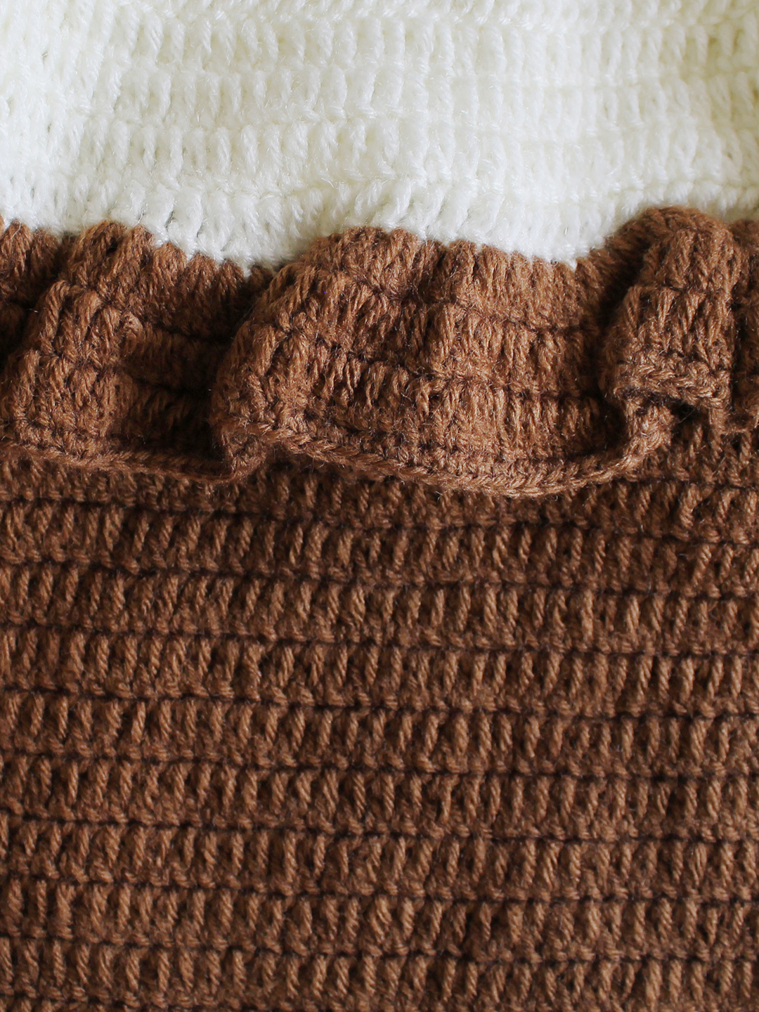 Woonie Full Sleeves Solid Ruffled Handmade Sweater - Brown
