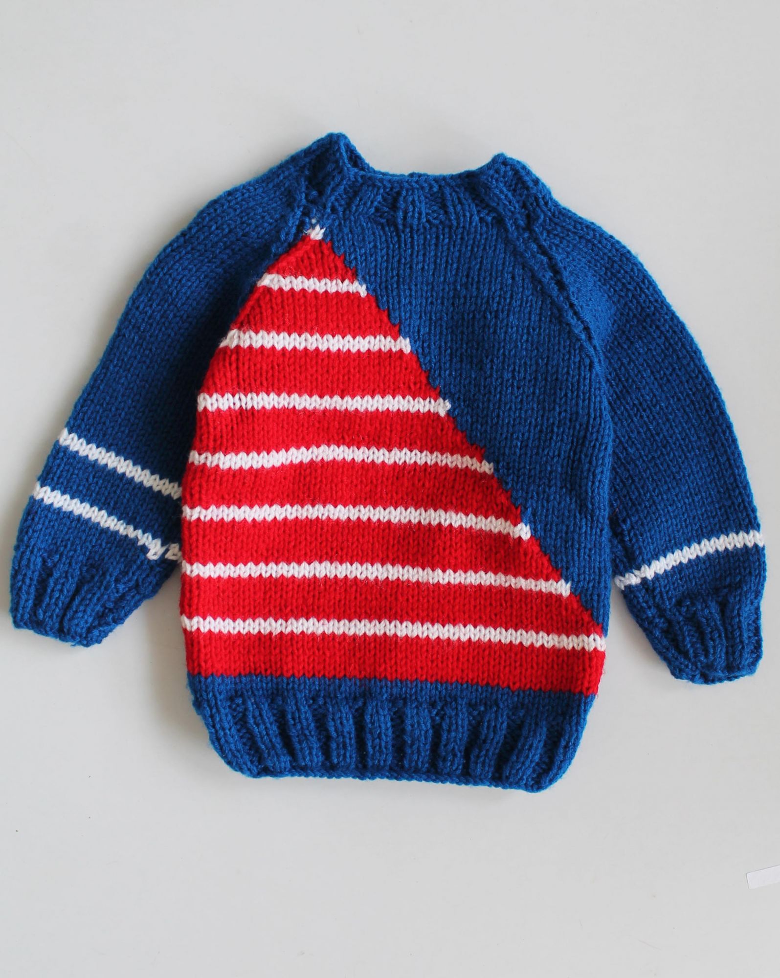 Woonie Full Sleeves Half Striped Handmade Sweater - Blue