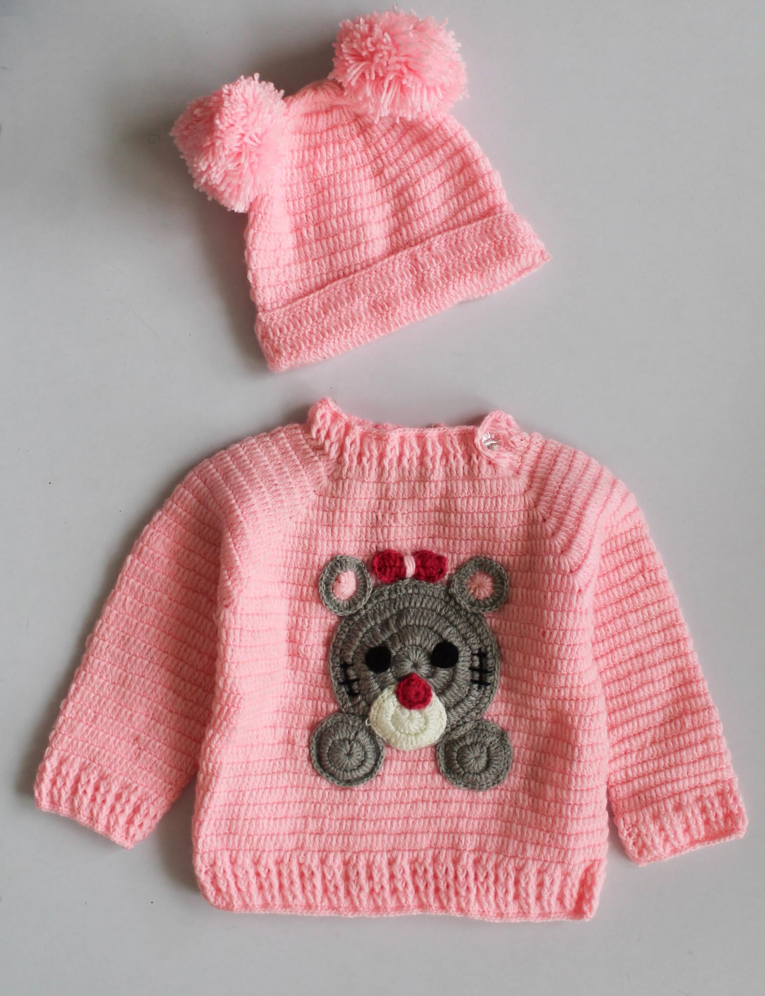 Woonie Full Sleeves Teddy Design Handmade Sweater With Cap - Pink