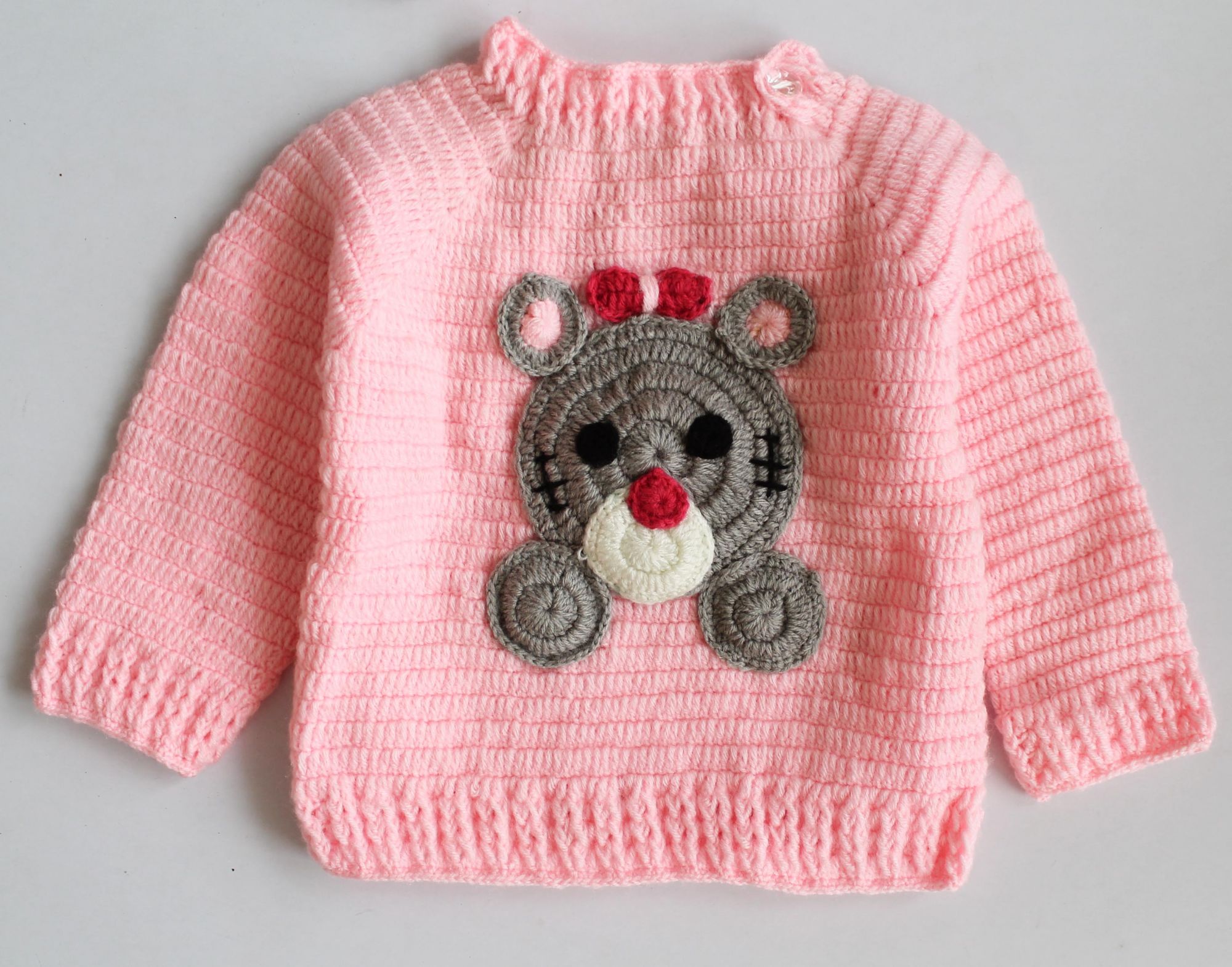 Woonie Full Sleeves Teddy Design Handmade Sweater With Cap - Pink