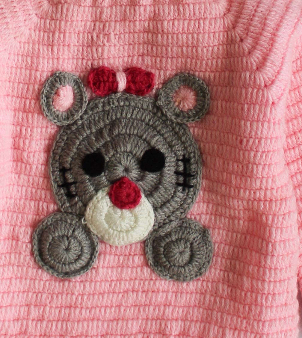 Woonie Full Sleeves Teddy Design Handmade Sweater With Cap - Pink