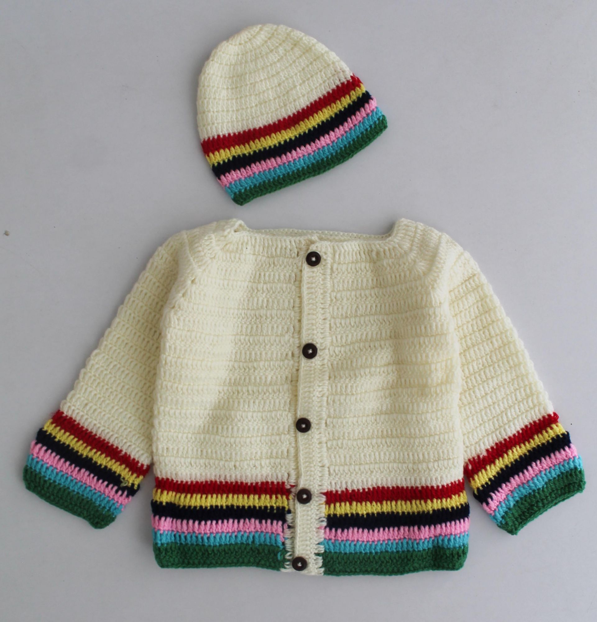 Woonie Handmade Full Sleeves Striped Sweater With Cap - Cream