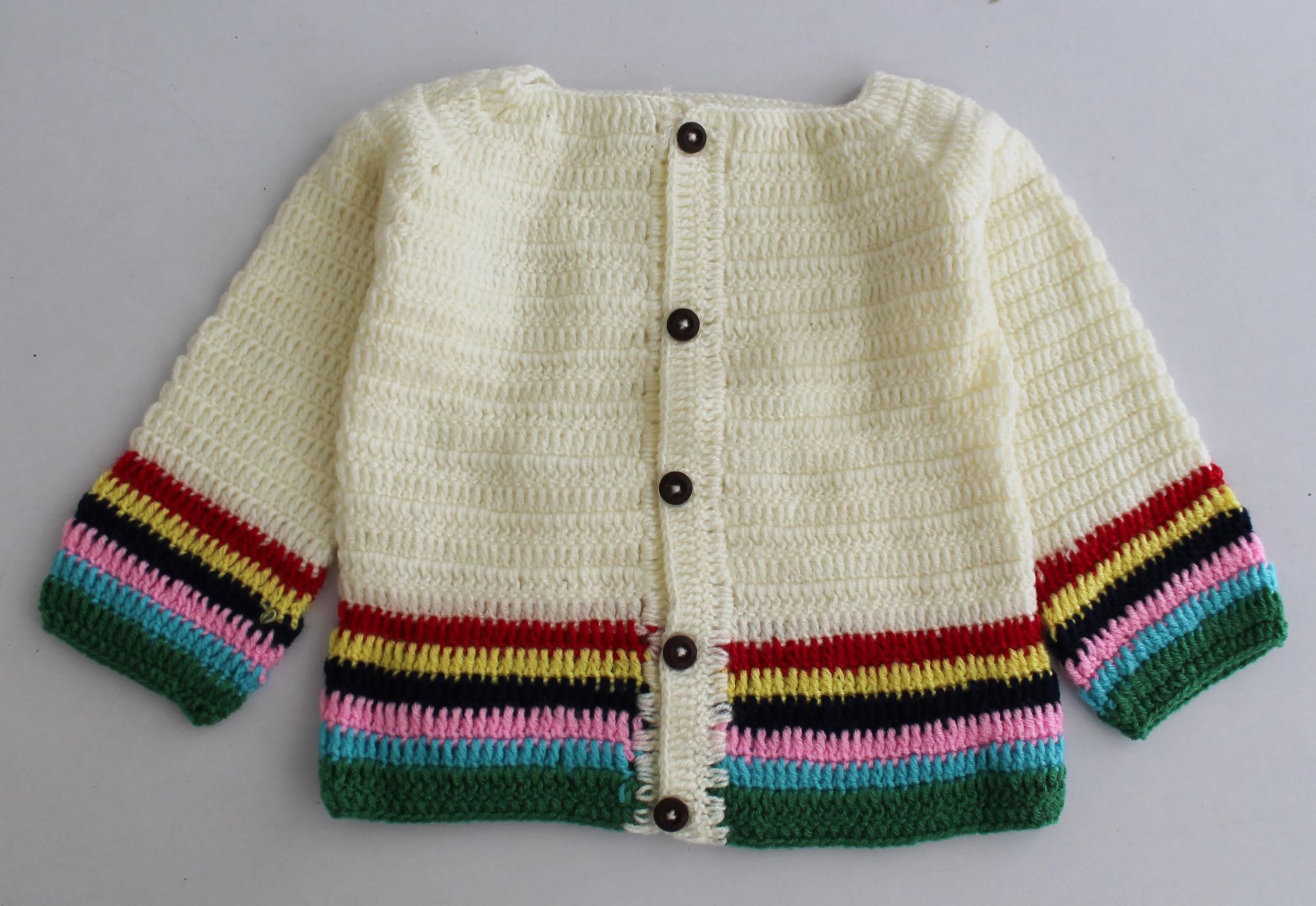 Woonie Handmade Full Sleeves Striped Sweater With Cap - Cream