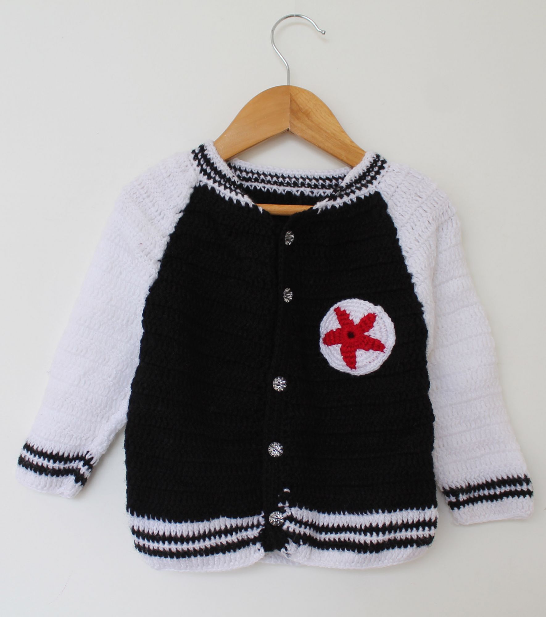 Woonie Full Sleeves Flower Patch Handmade Sweater - Black