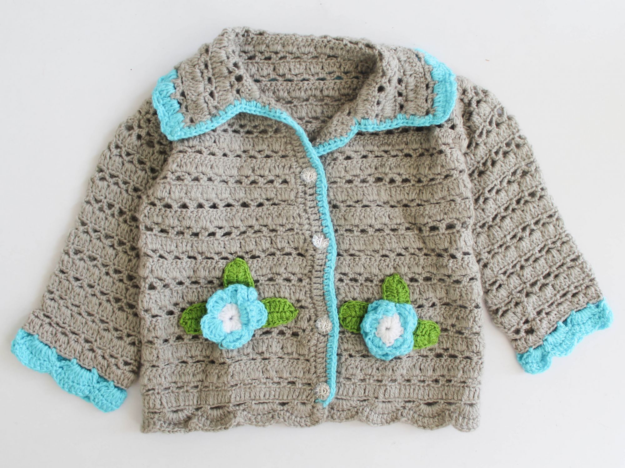 Woonie Full Sleeves Flower Design Handmade Sweater - Grey