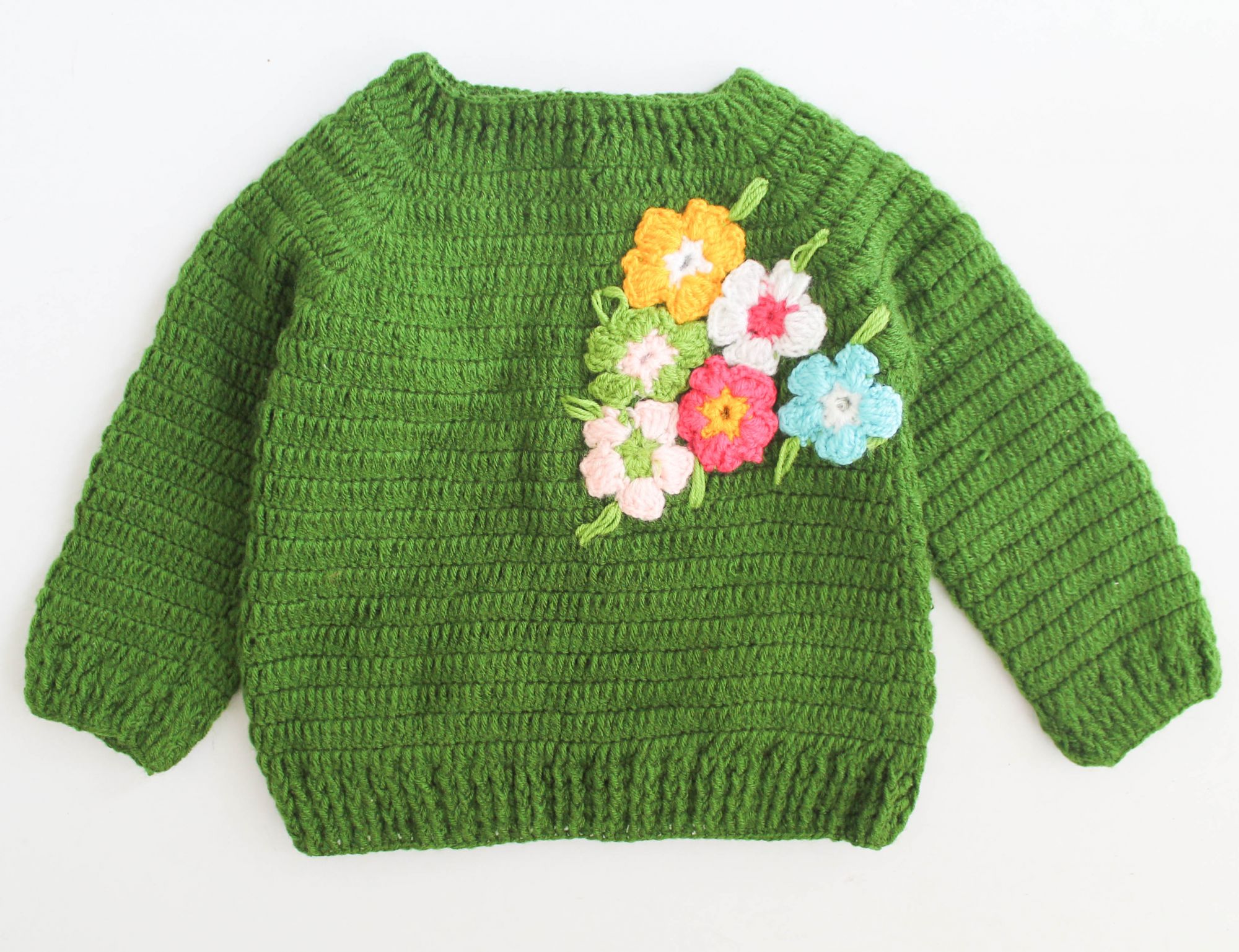 Woonie Full Sleeves Flower Design Sweater - Green