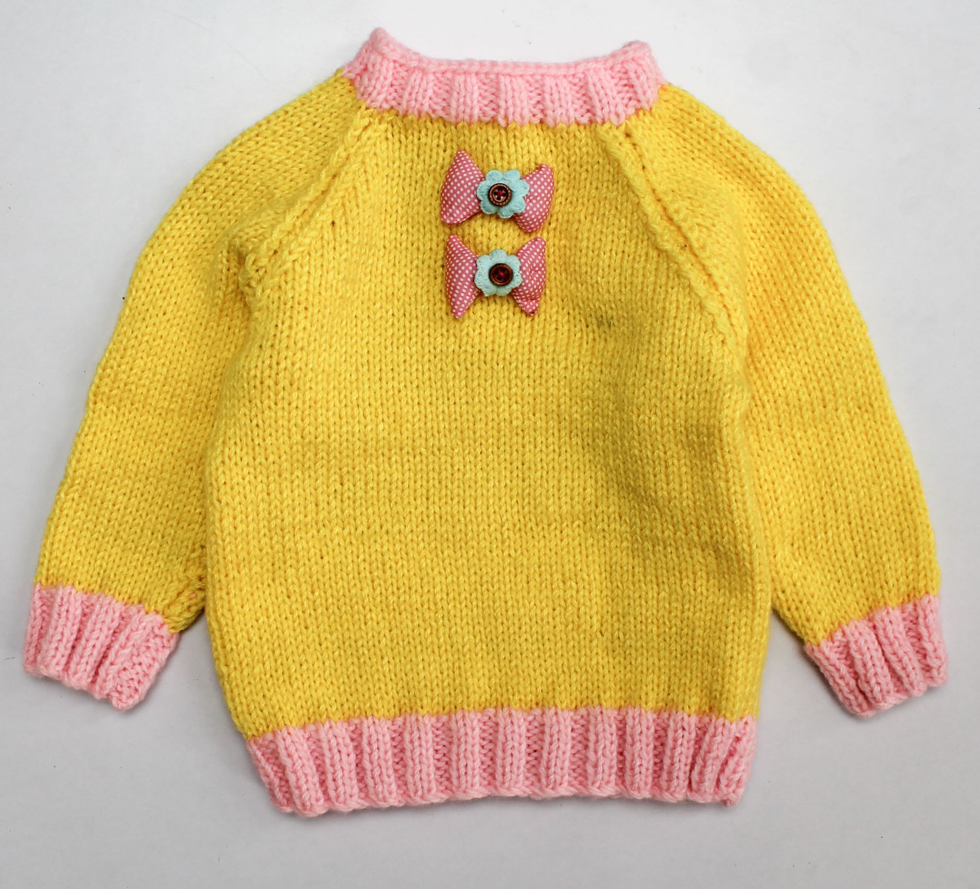 Woonie Bow Embellished Full Sleeves Handmade Sweater - Yellow
