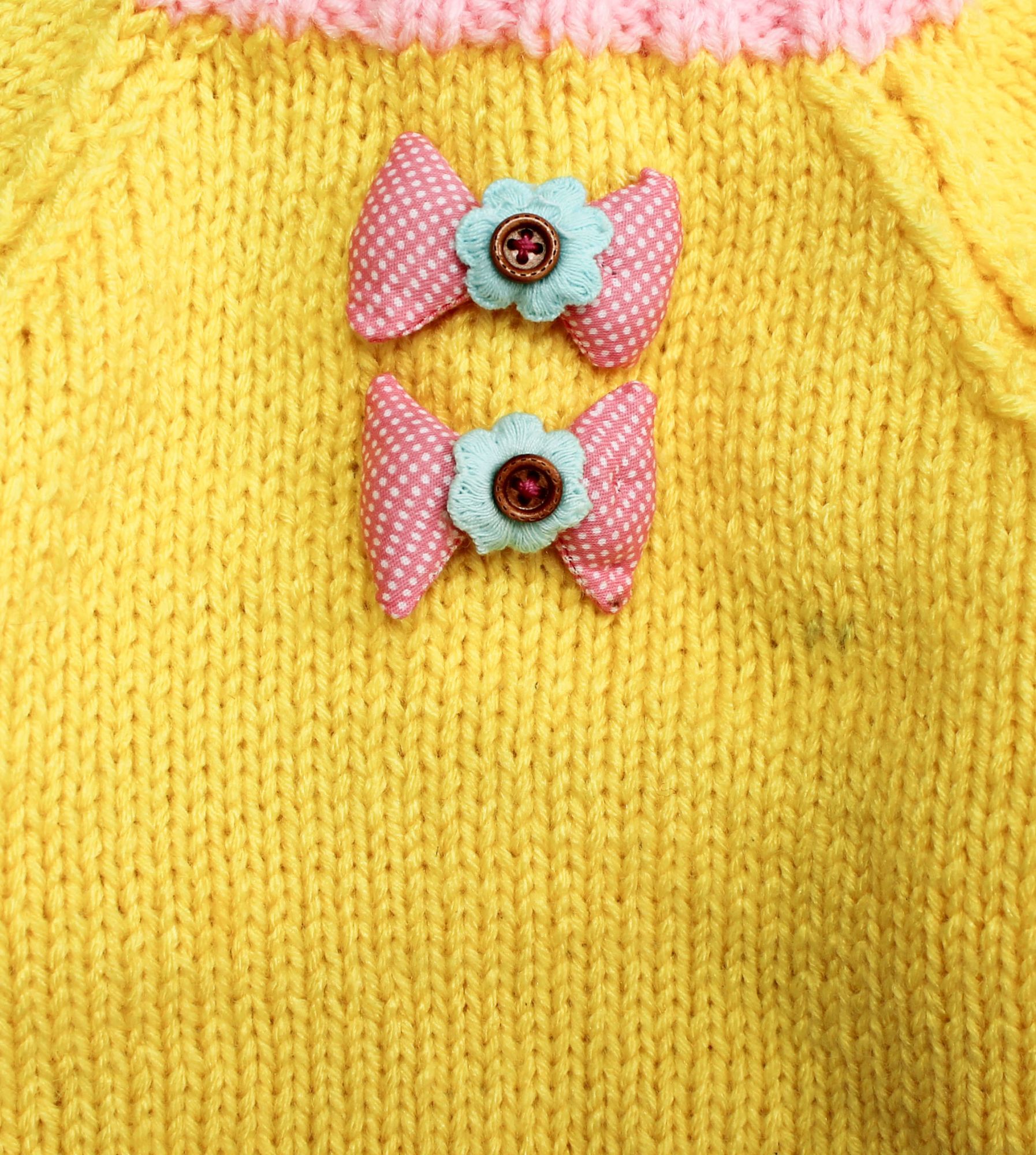 Woonie Bow Embellished Full Sleeves Handmade Sweater - Yellow