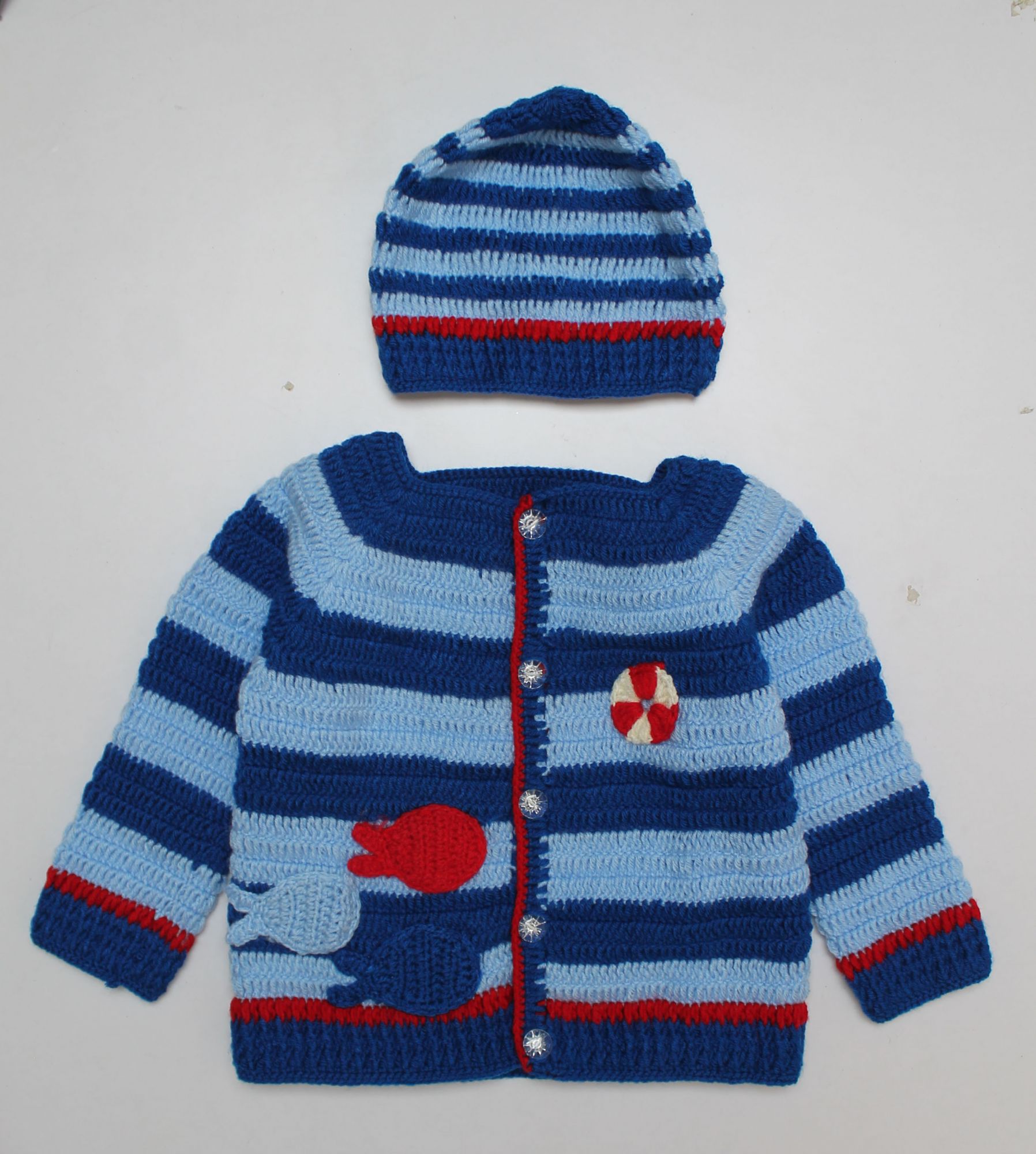 Woonie Striped Pattern Full Sleeves Handmade Sweater With Cap - Blue