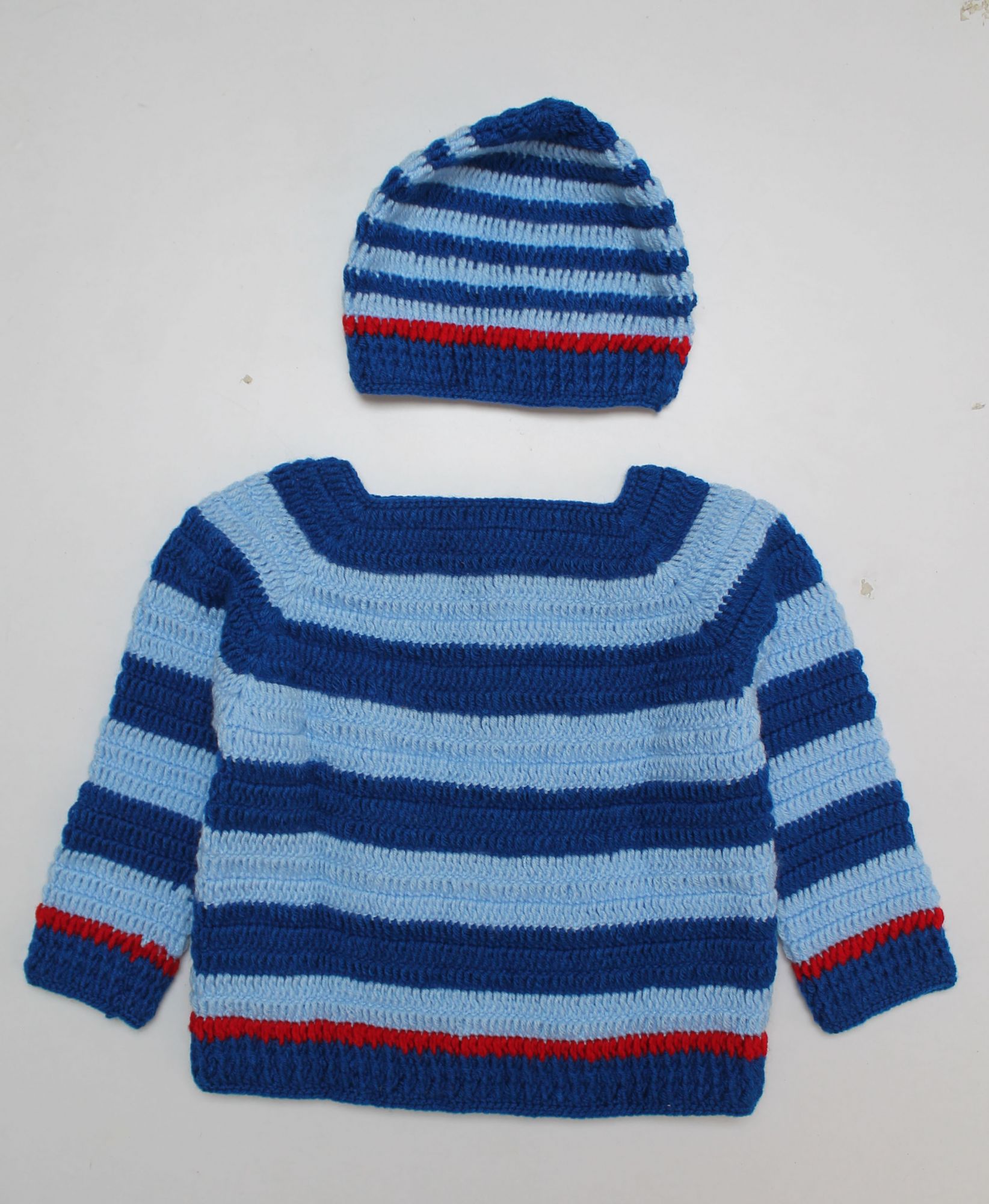 Woonie Striped Pattern Full Sleeves Handmade Sweater With Cap - Blue