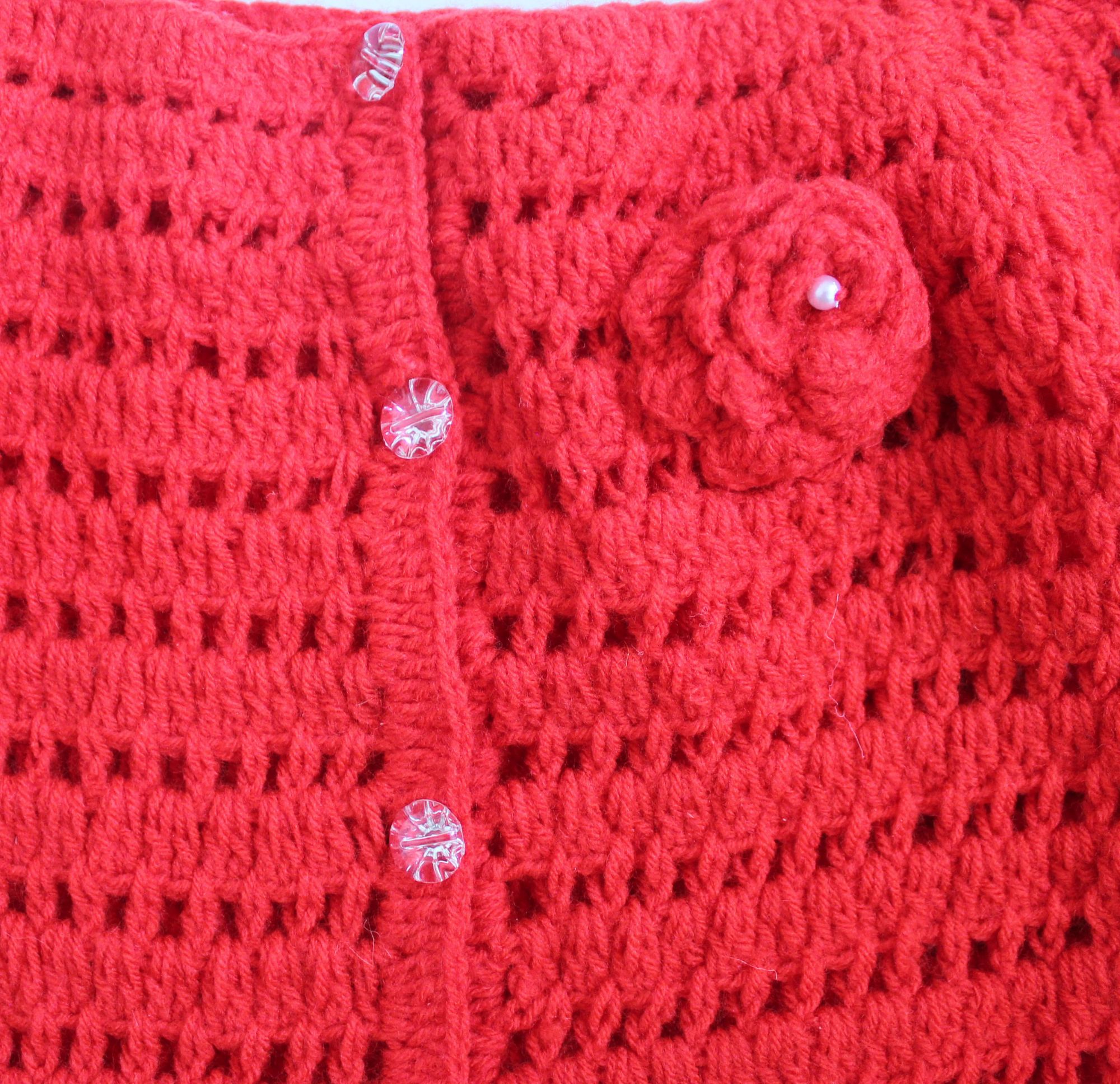 Woonie Handmade Full Sleeves Floral Design Sweater - Red