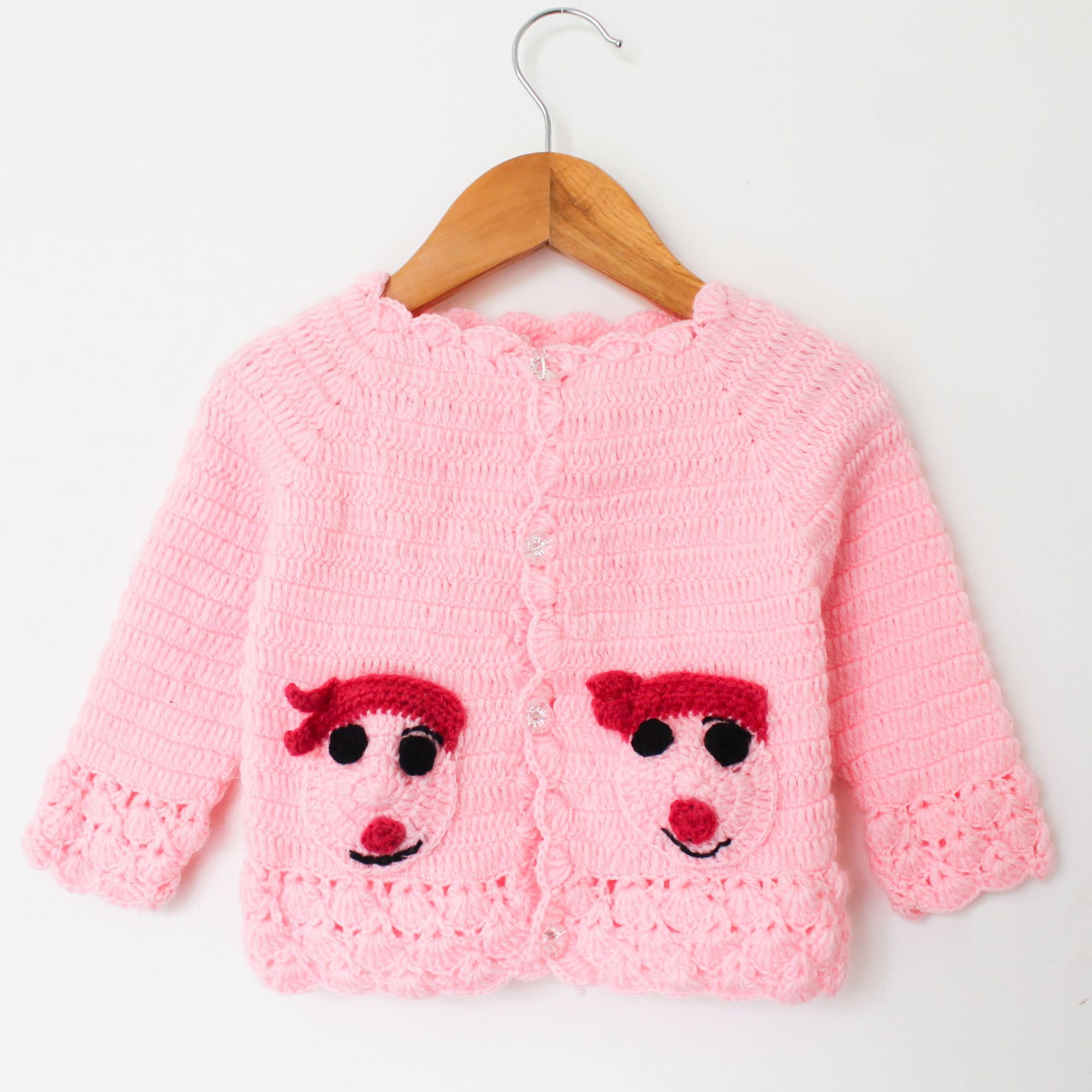 Woonie Handmade Full Sleeves Face Detailing Sweater - Pink