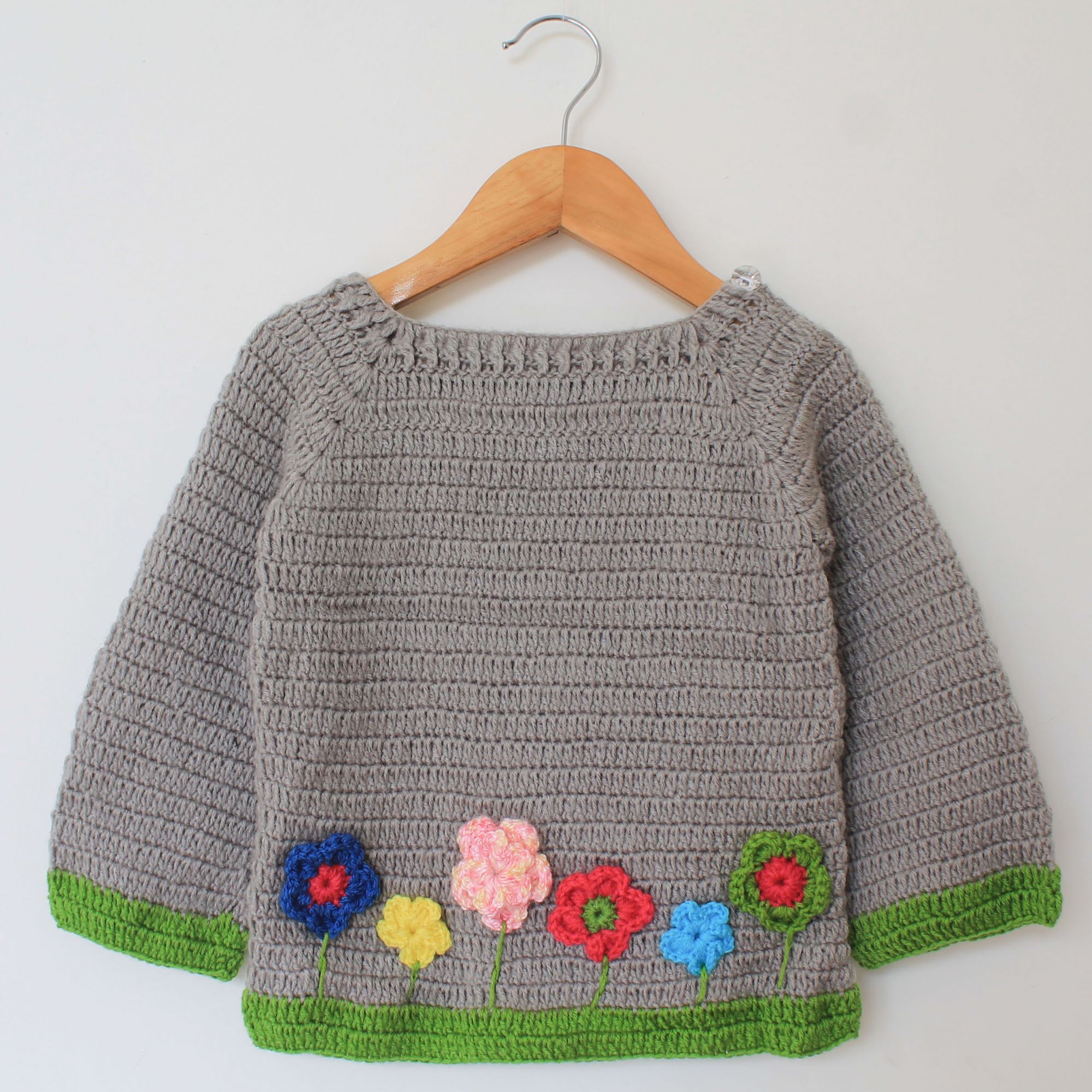 Woonie Handmade Full Sleeves Floral Design Sweater - Grey