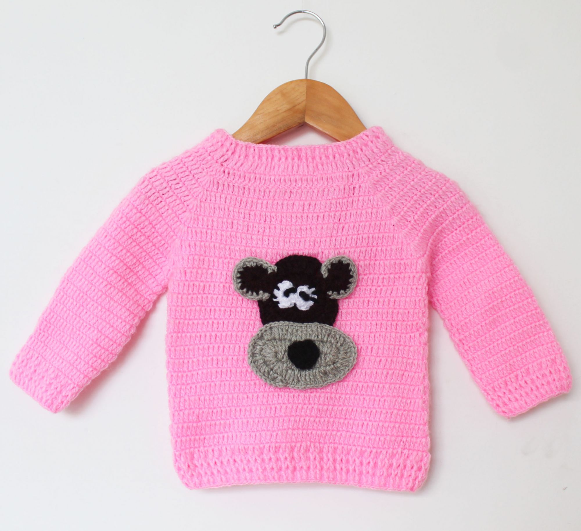 Woonie Full Sleeves Animal Pattern Handmade Sweater - Pink