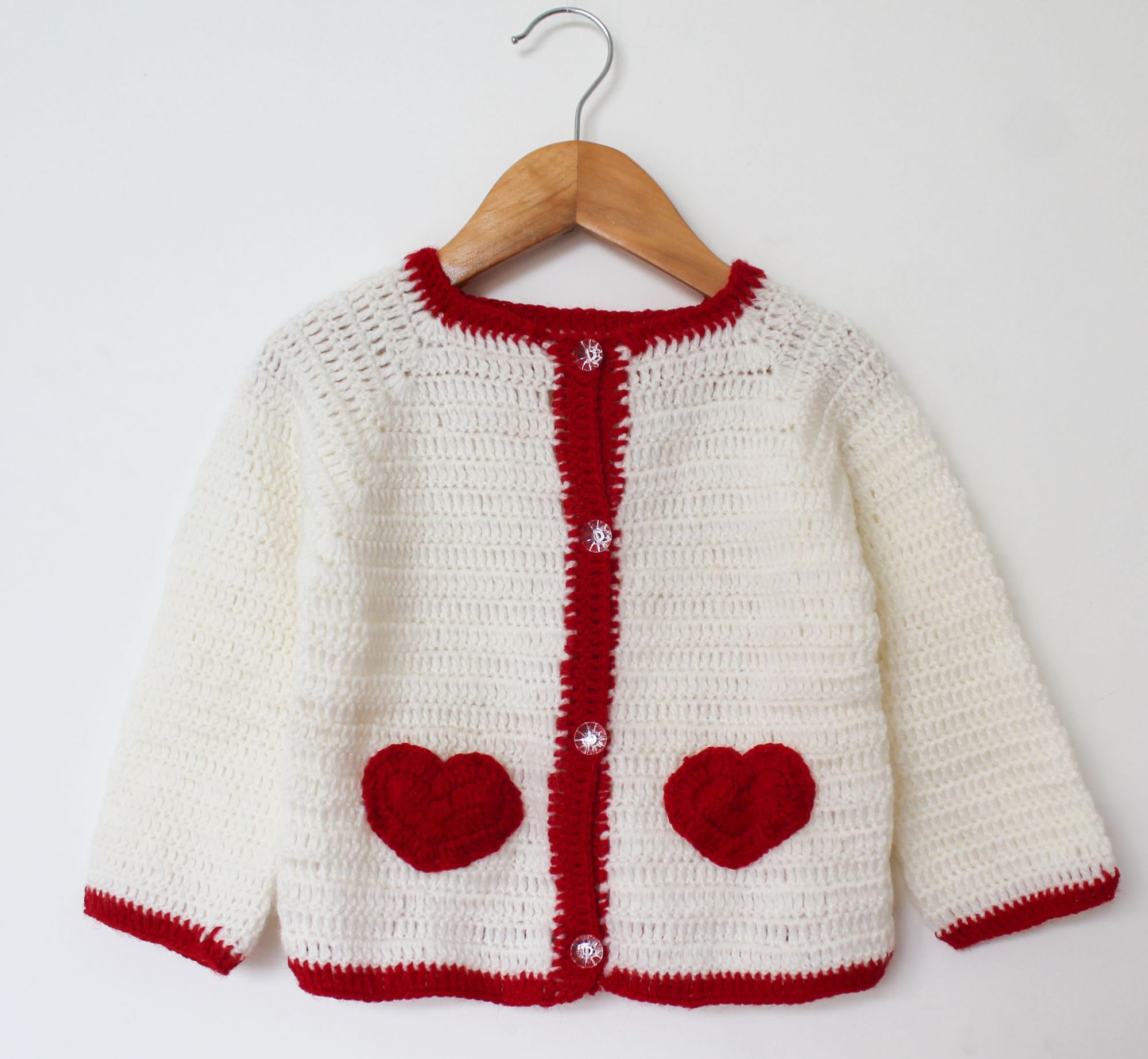 Woonie Fulll Sleeves Heart Patch Handmade Sweater - Cream