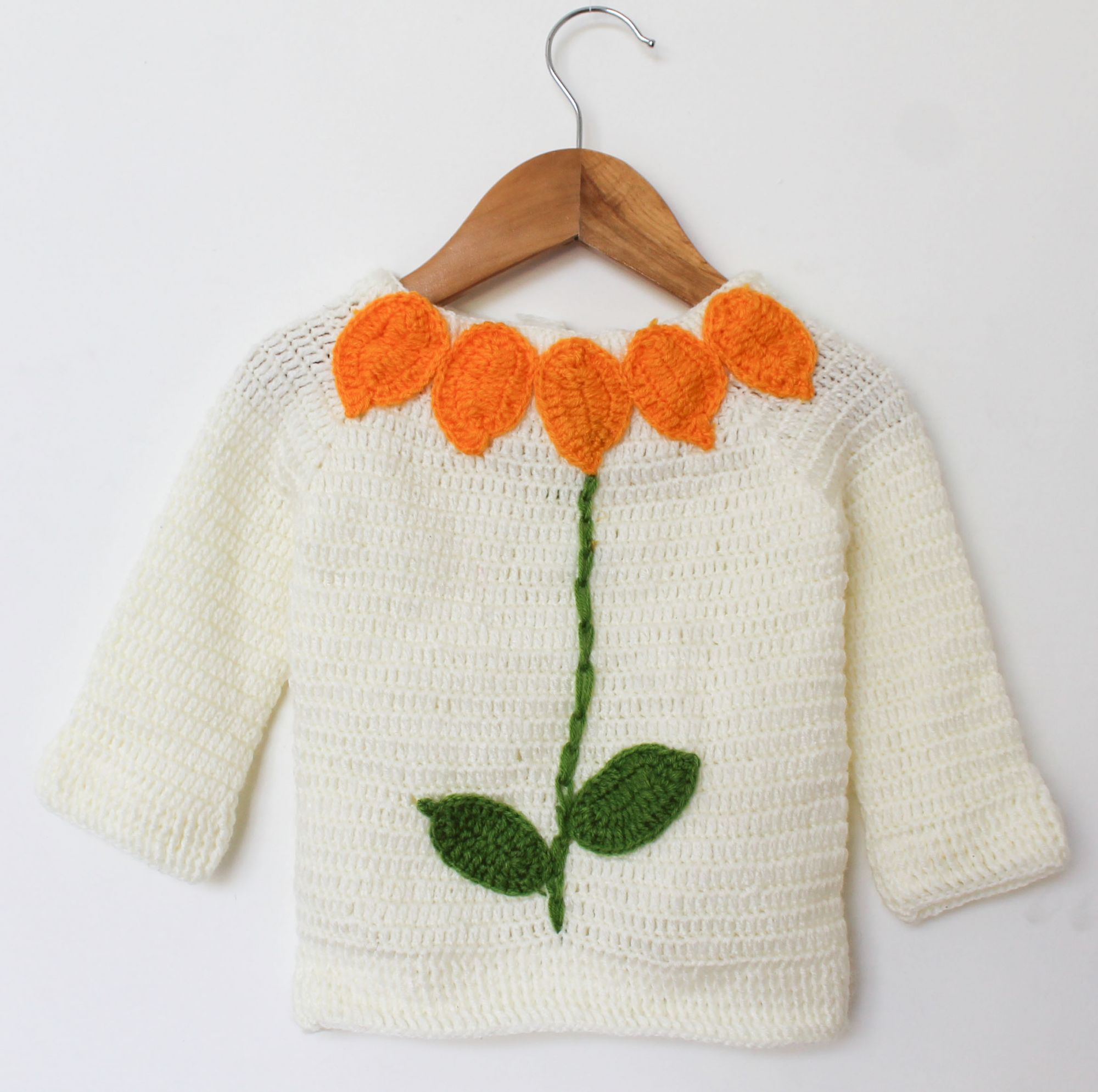Woonie Full Sleeves Flower Detailing Handmade Sweater - Cream