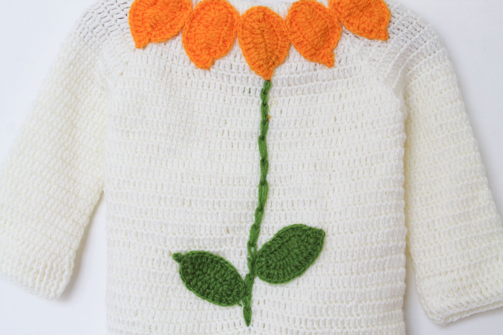 Woonie Full Sleeves Flower Detailing Handmade Sweater - Cream