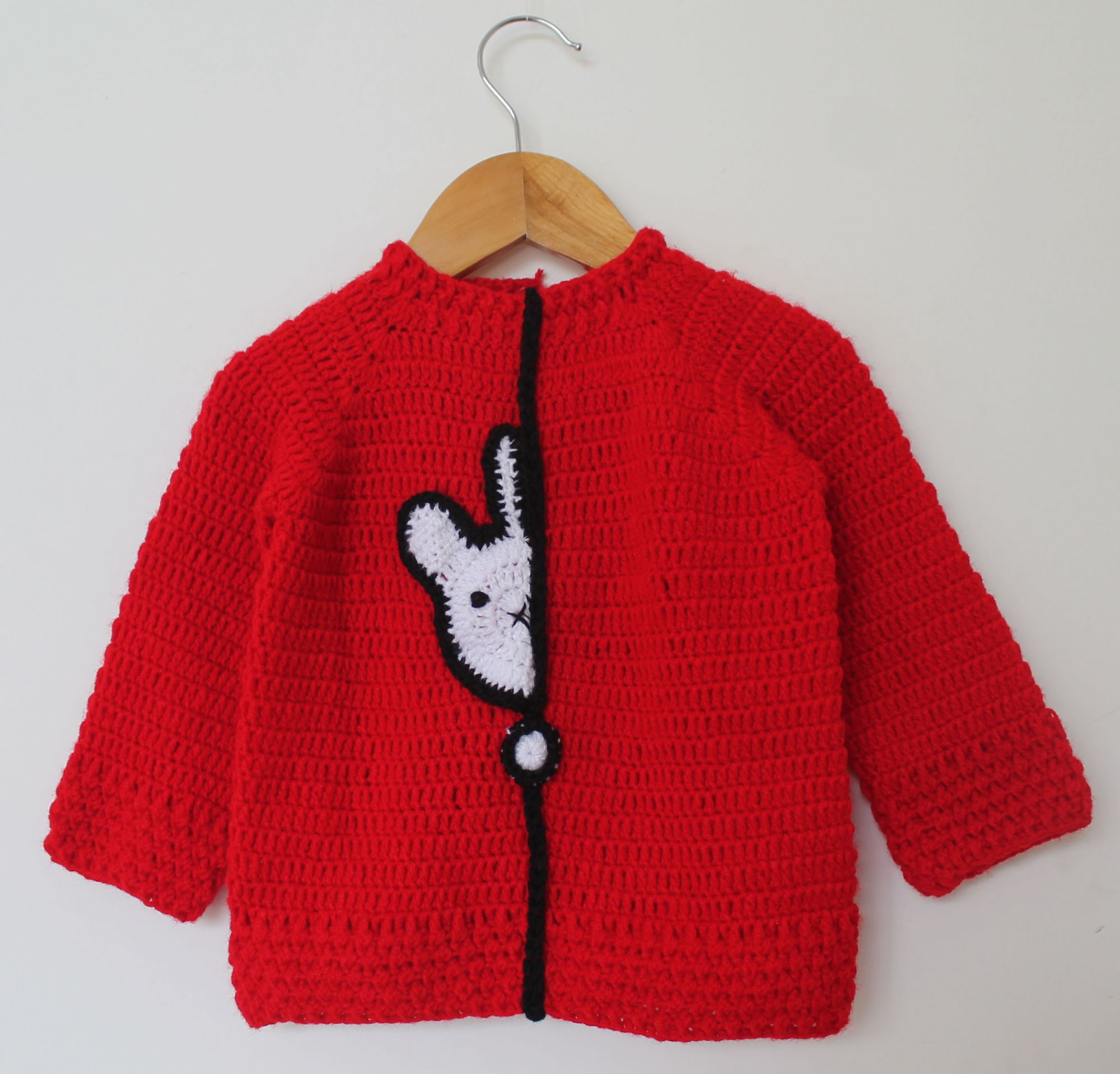 Woonie Full Sleeves Bunny Patch Handmade Sweater - Red