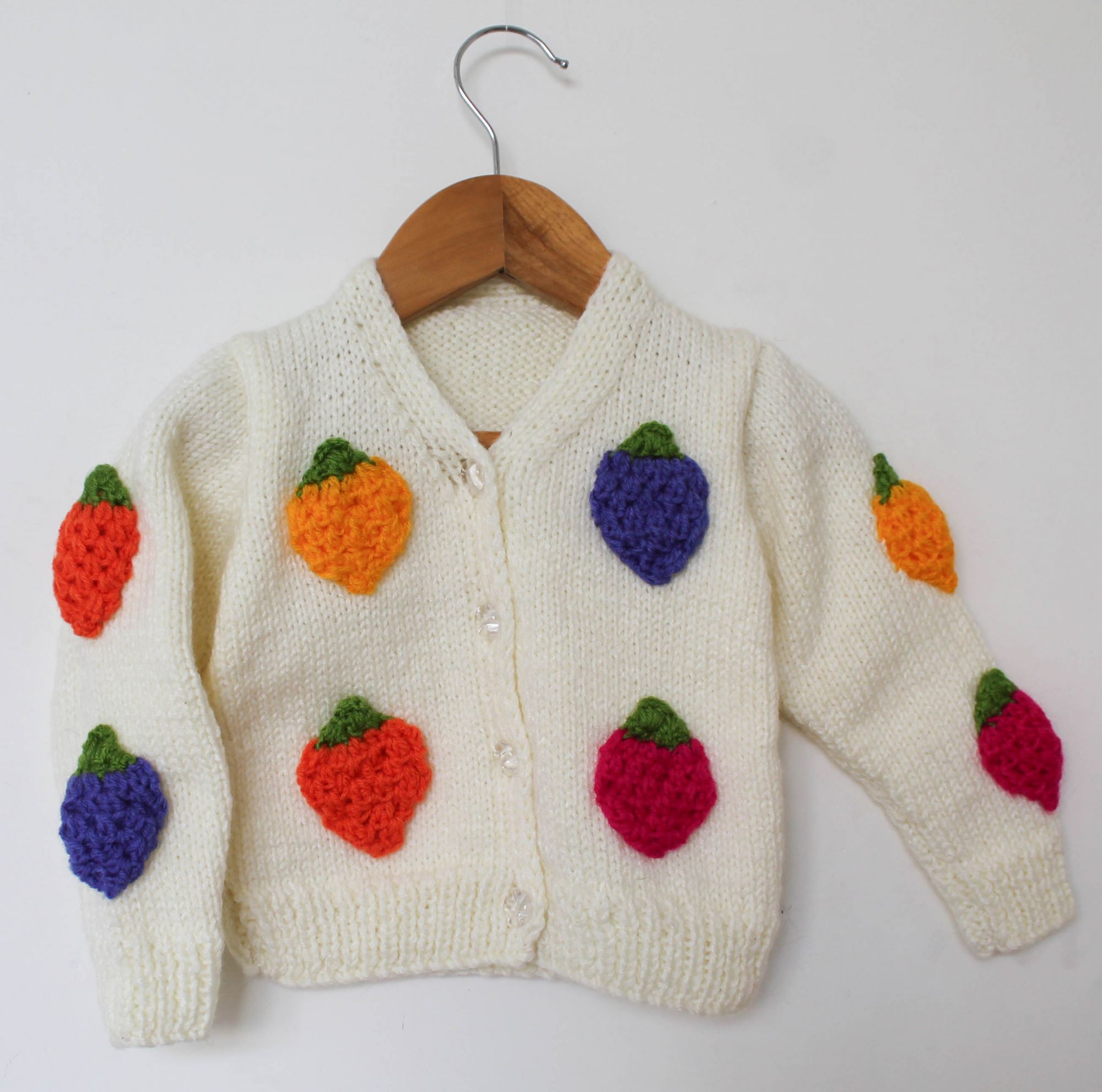 Woonie Handmade Full Sleeves Strawberry Patch Sweater - Off White