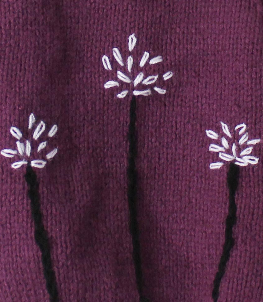 Woonie Handmade Floral Embroidered Full Sleeves Sweater - Purple