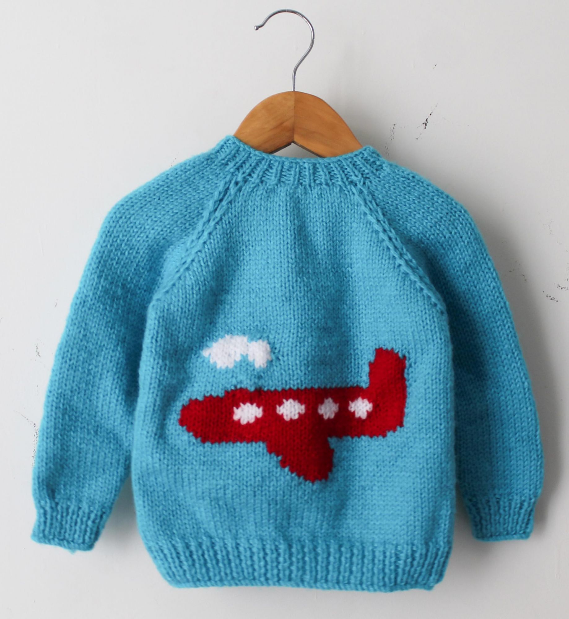 Woonie Full Sleeves Handmade Airoplane Design Sweater - Blue
