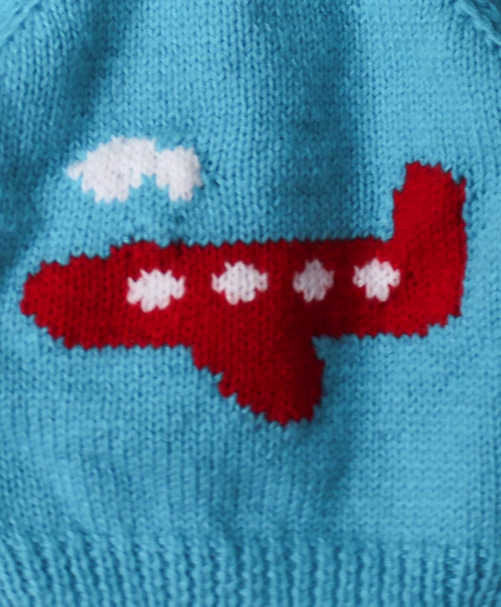 Woonie Full Sleeves Handmade Airoplane Design Sweater - Blue