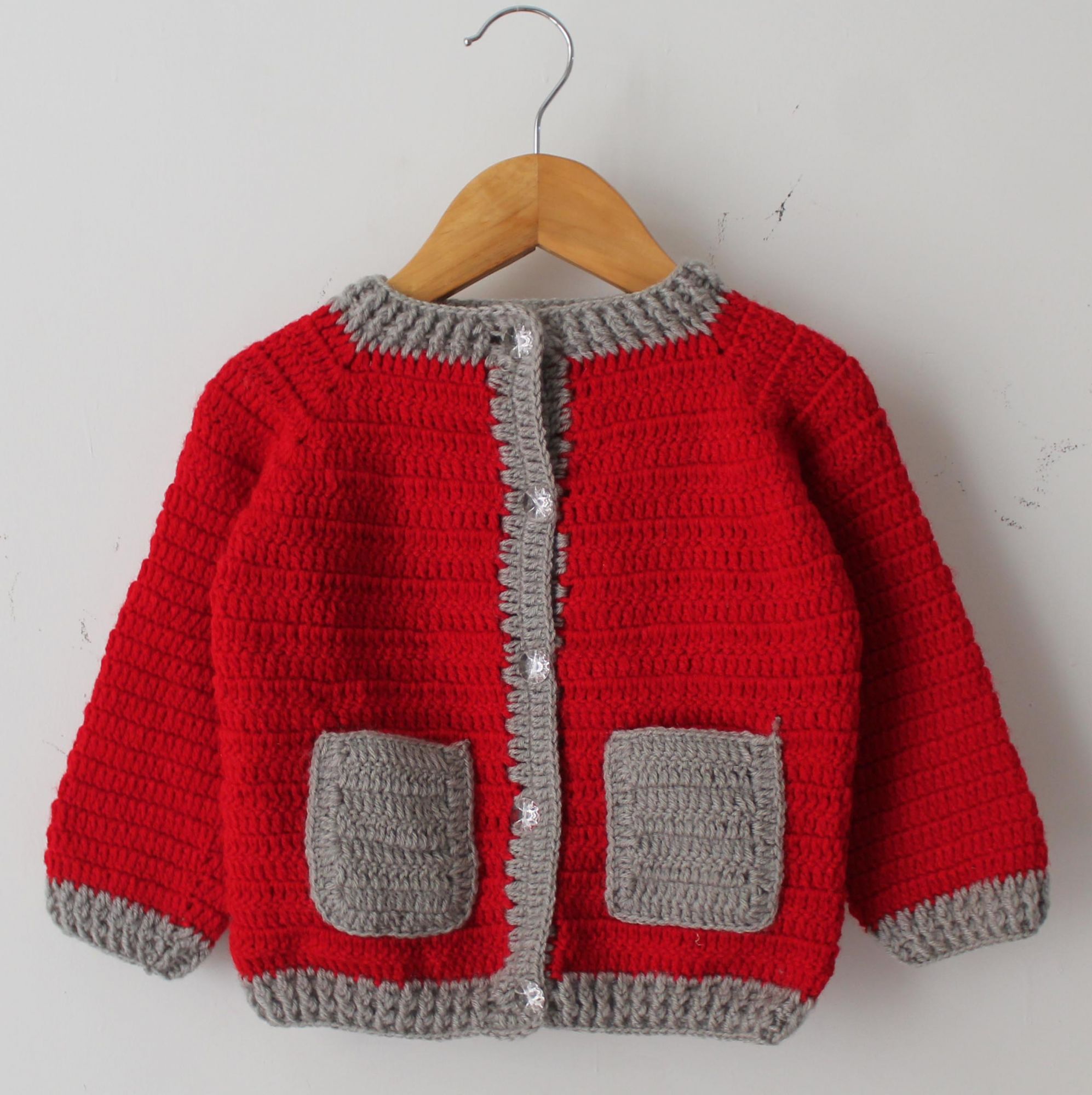 Woonie Full Sleeves Handmade Crochet Pocket Sweater - Red