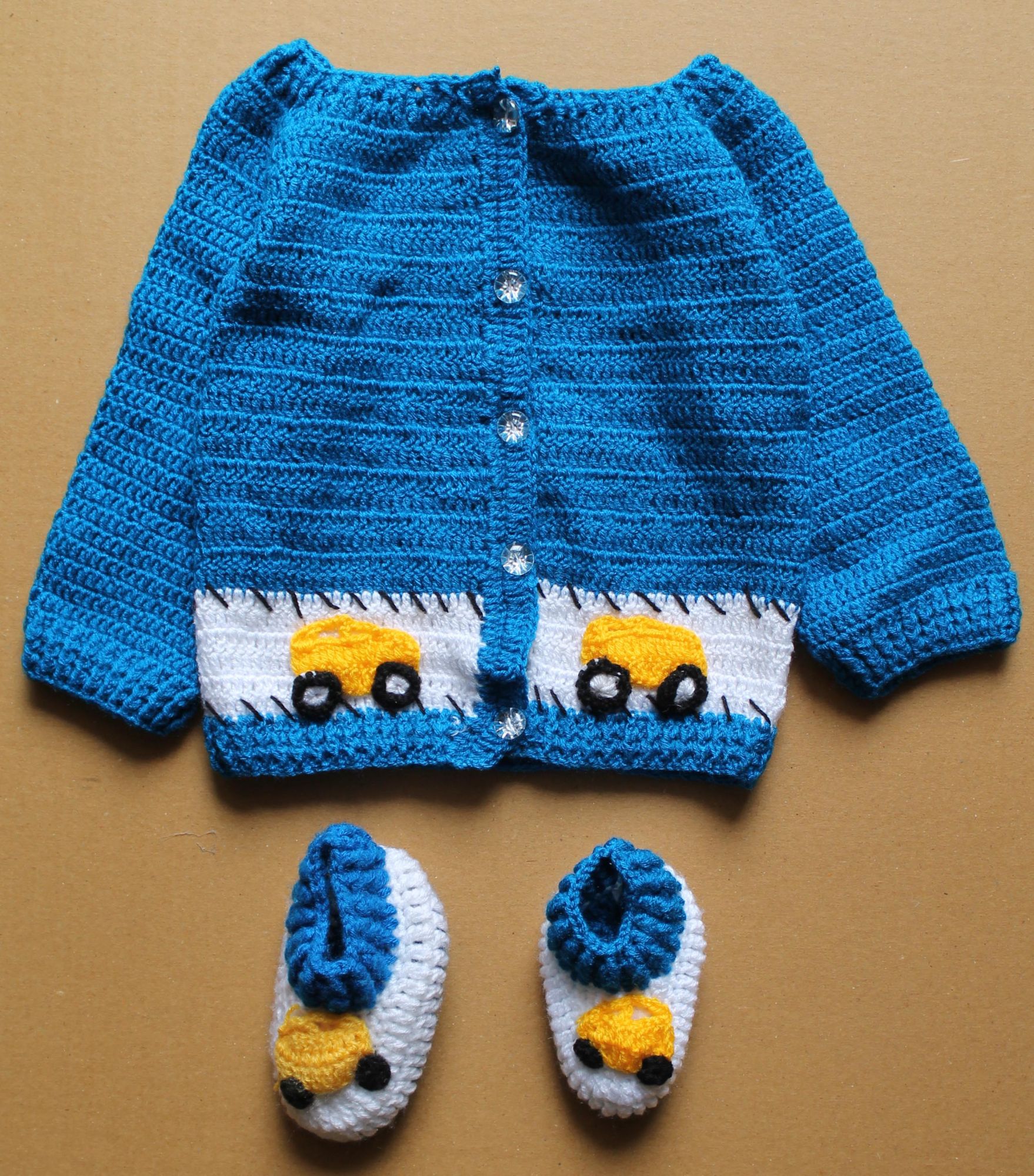 Woonie Full Sleeves Handmade Car Pattern Sweater With Booties - Blue