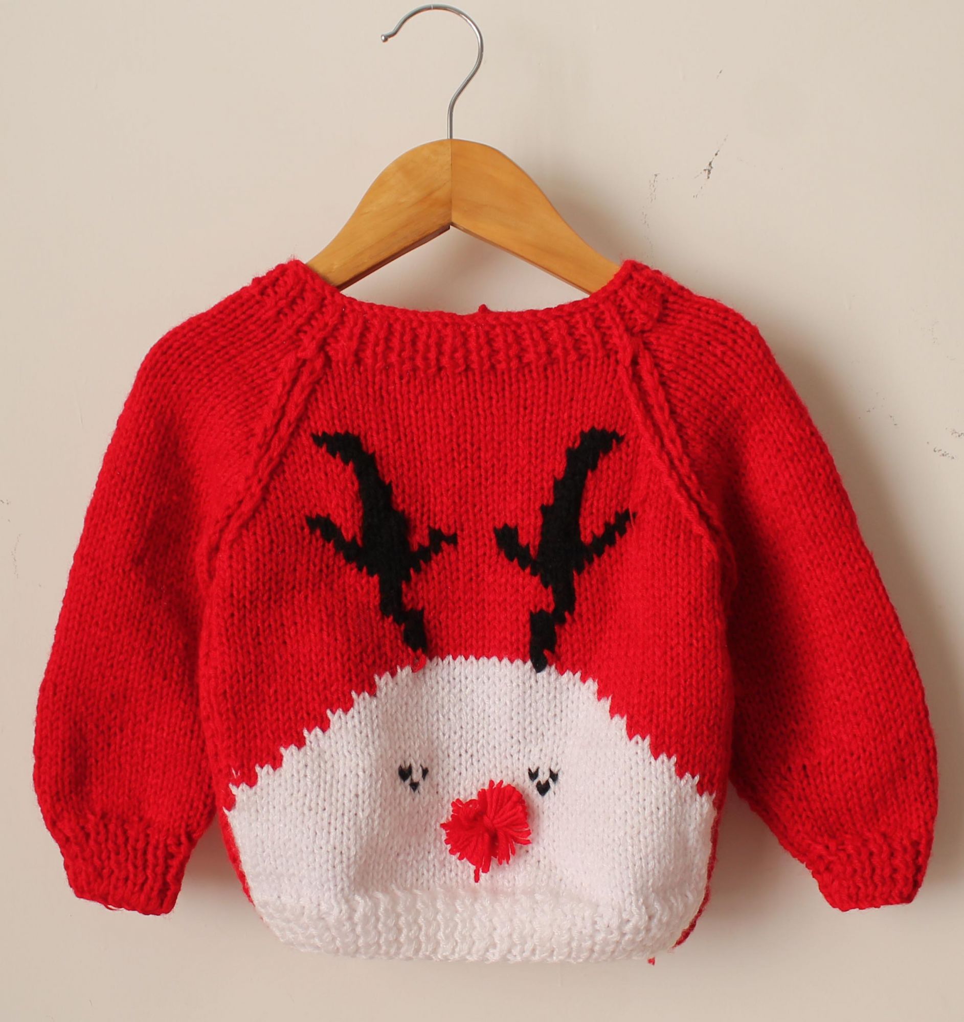 Woonie Full Sleeves Handmade Christmas Reindeer Sweater With Cap - Red