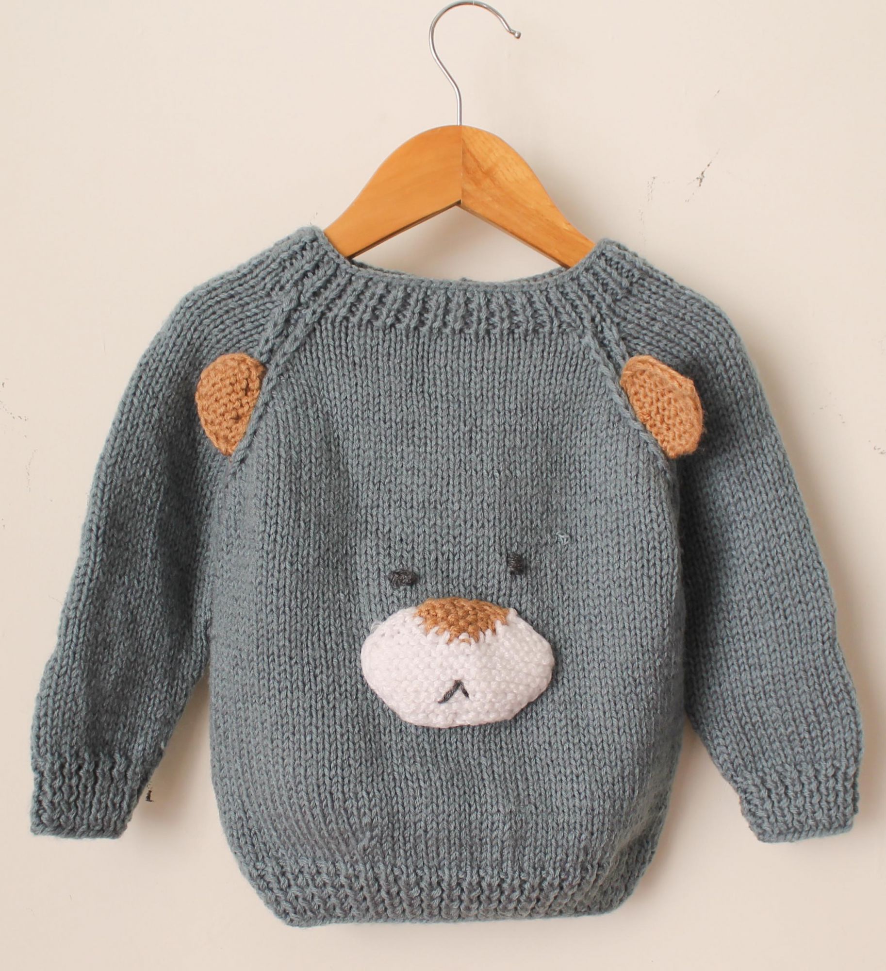 Woonie Full Sleeves Handmade Bear Design Sweater-Grey