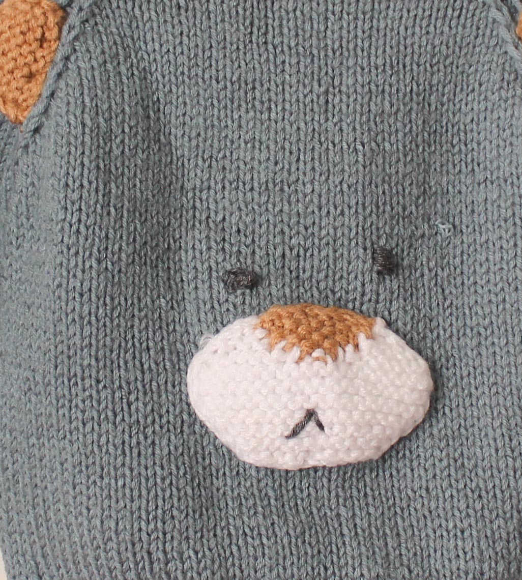 Woonie Full Sleeves Handmade Bear Design Sweater-Grey