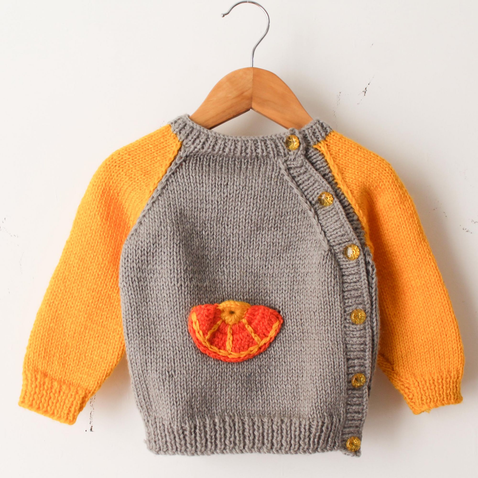 Woonie Full Sleeves Handmade Fruit Design Sweater-Grey