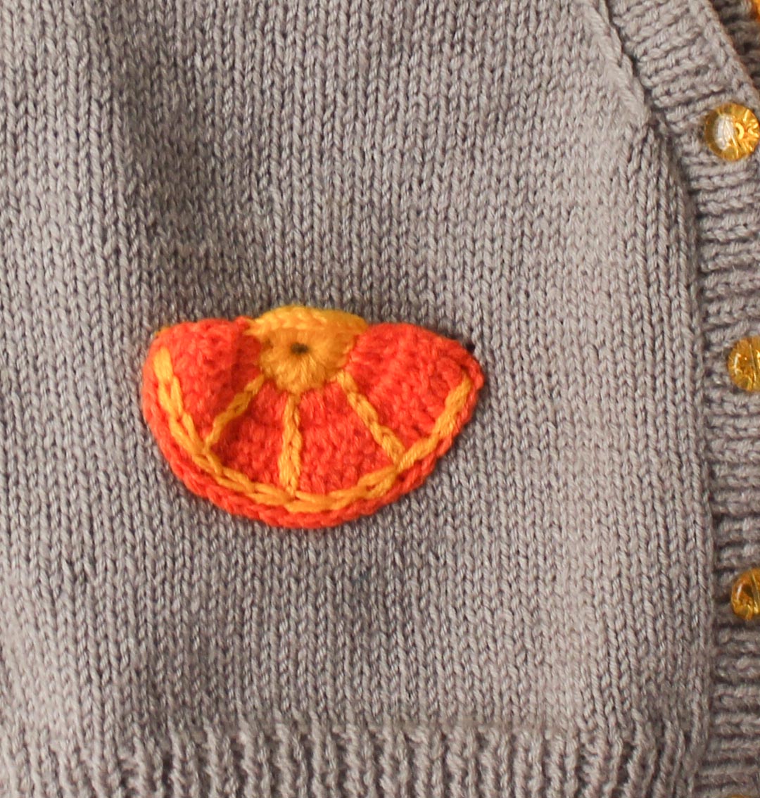 Woonie Full Sleeves Handmade Fruit Design Sweater-Grey