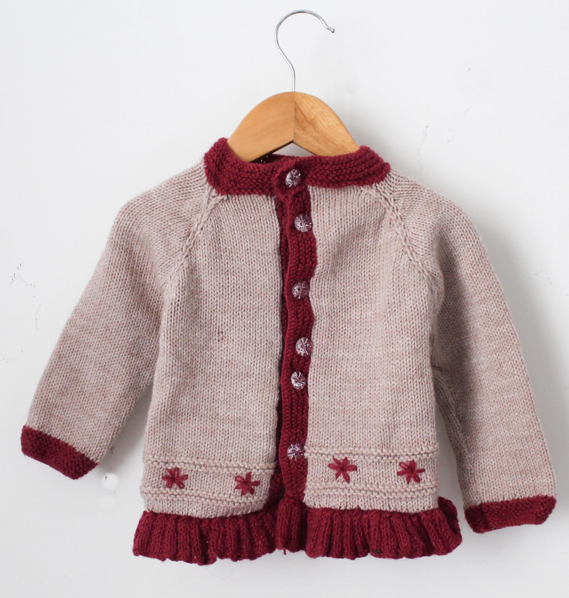 Woonie Full Sleeves Handmade Embroidered Sweater With Matching Cap And Socks - Beige