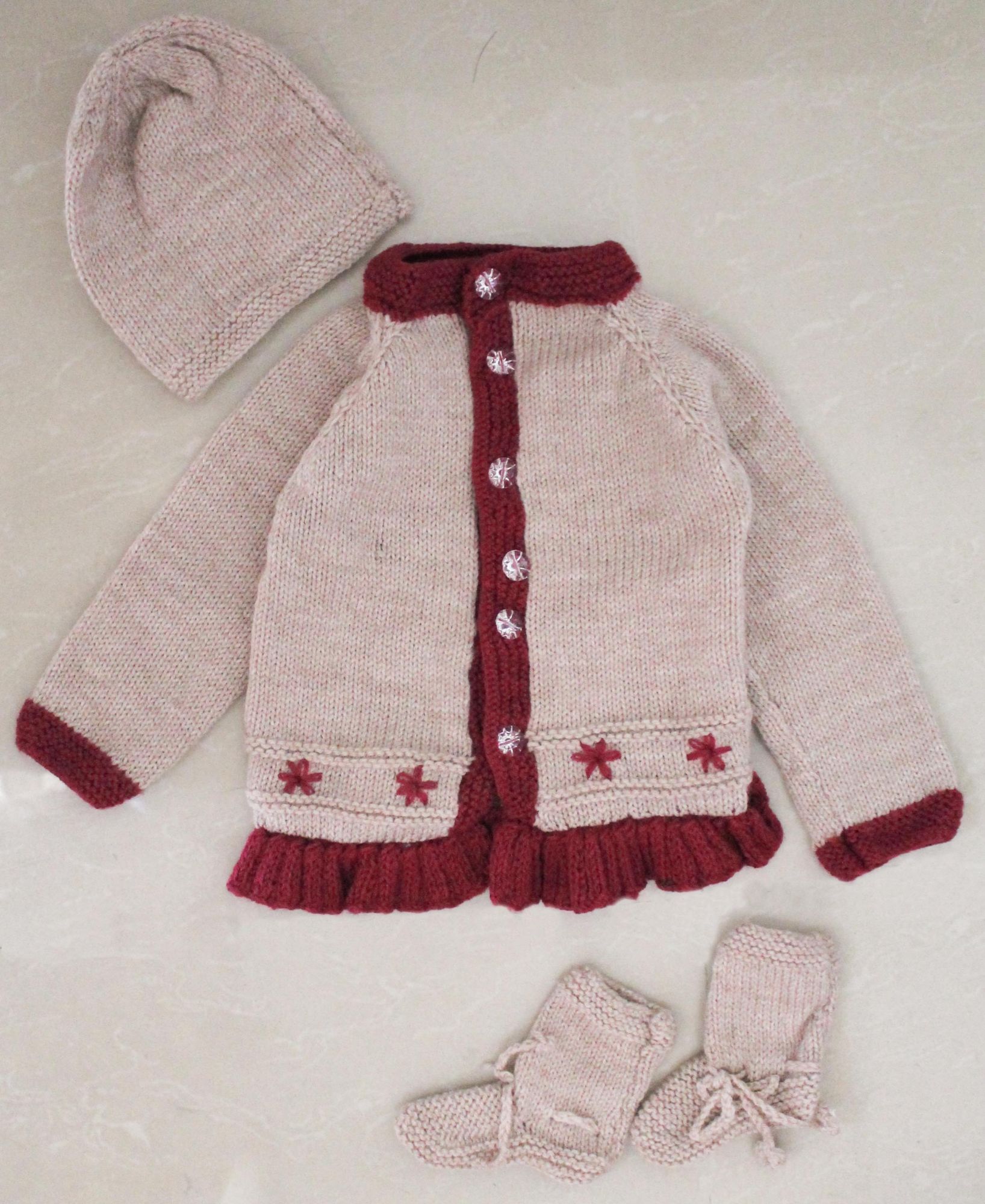 Woonie Full Sleeves Handmade Embroidered Sweater With Matching Cap And Socks - Beige