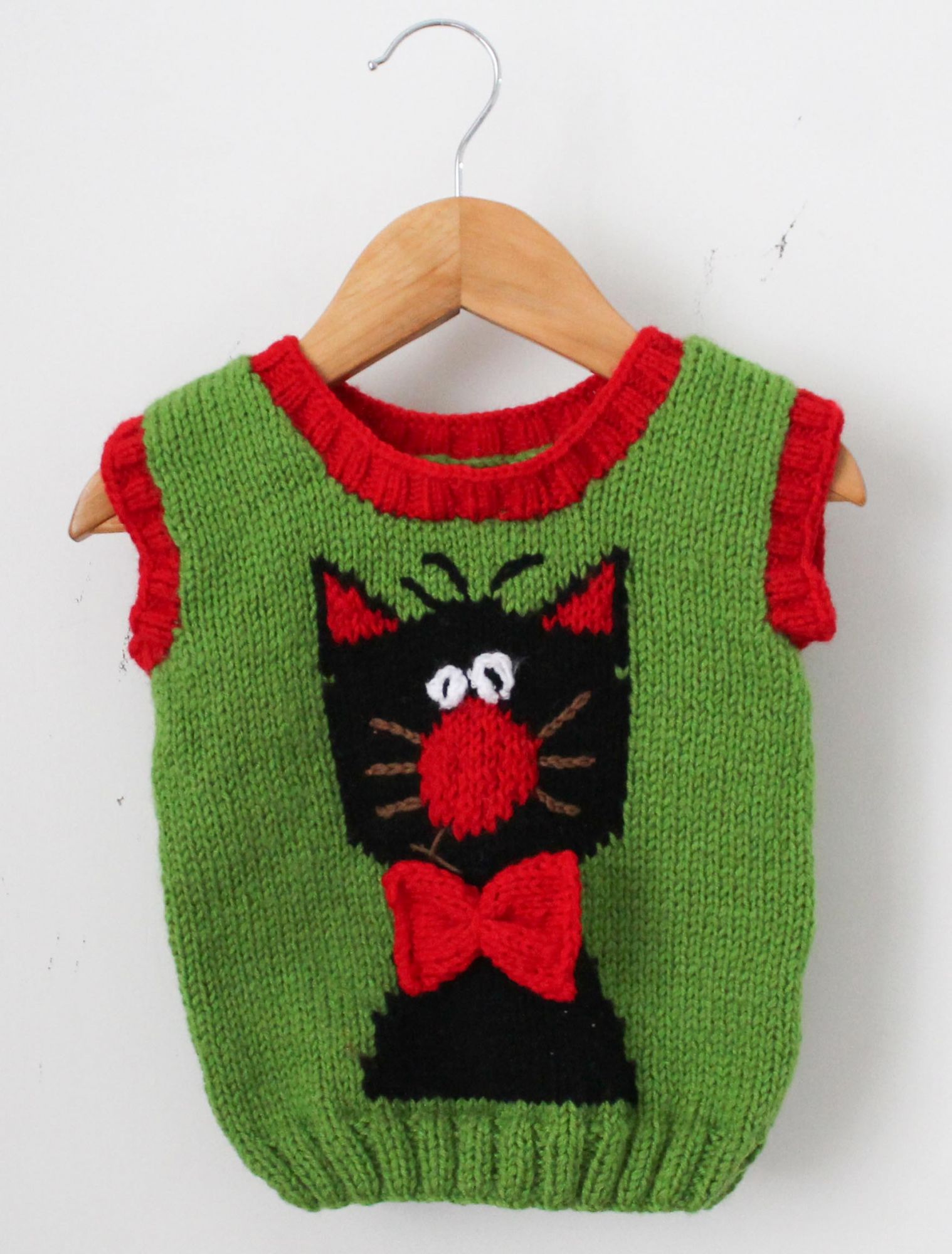 Woonie Half Sleeves Handmade Kitty Design Sweater - Green