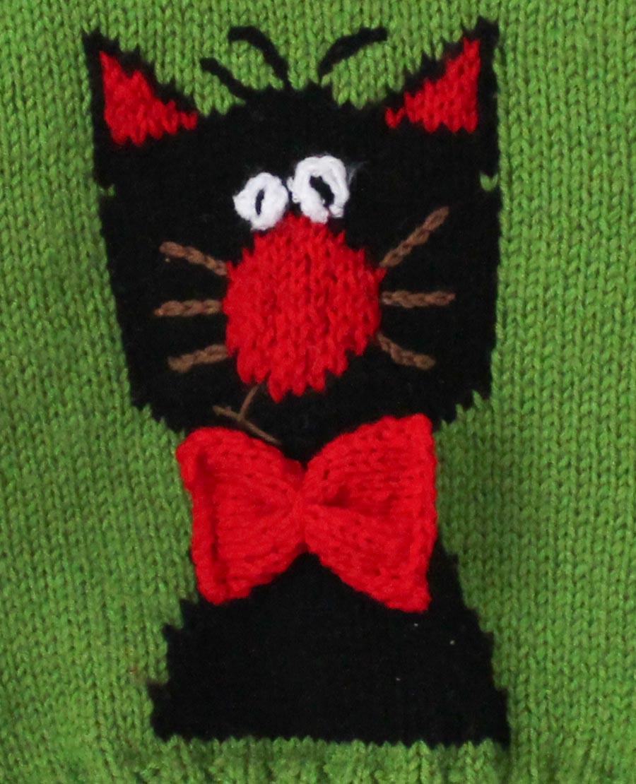 Woonie Half Sleeves Handmade Kitty Design Sweater - Green